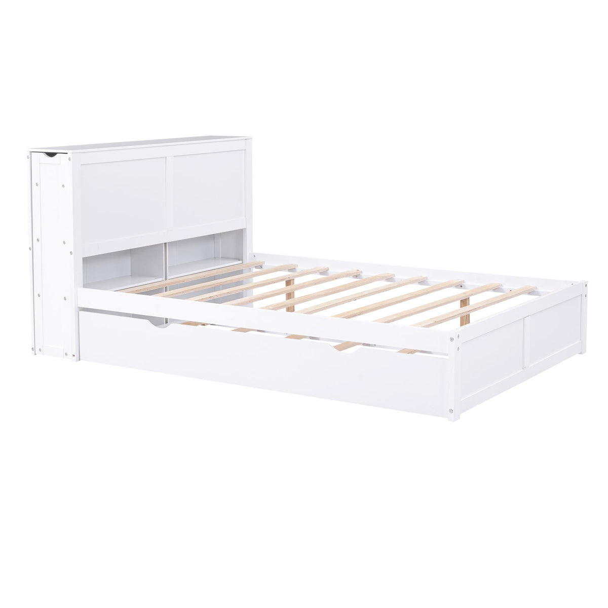 Full Size Storage Platform Bed with Pull Out Shelves, Twin Size Trundle, Solid Wood and MDF, 98" L x 89" W x 39.5" H, White