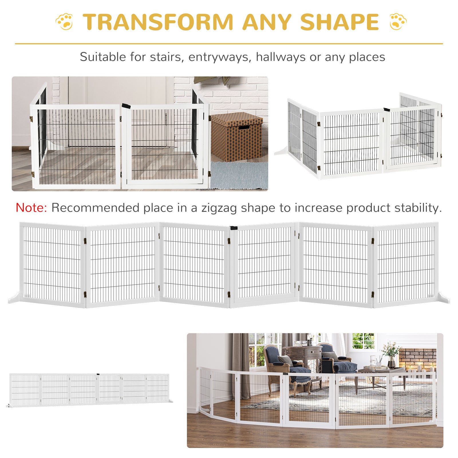 Wooden Pet Gate, 6-Panel Folding Dog Safety Barrier with Support Feet for Small & Medium Dogs, White