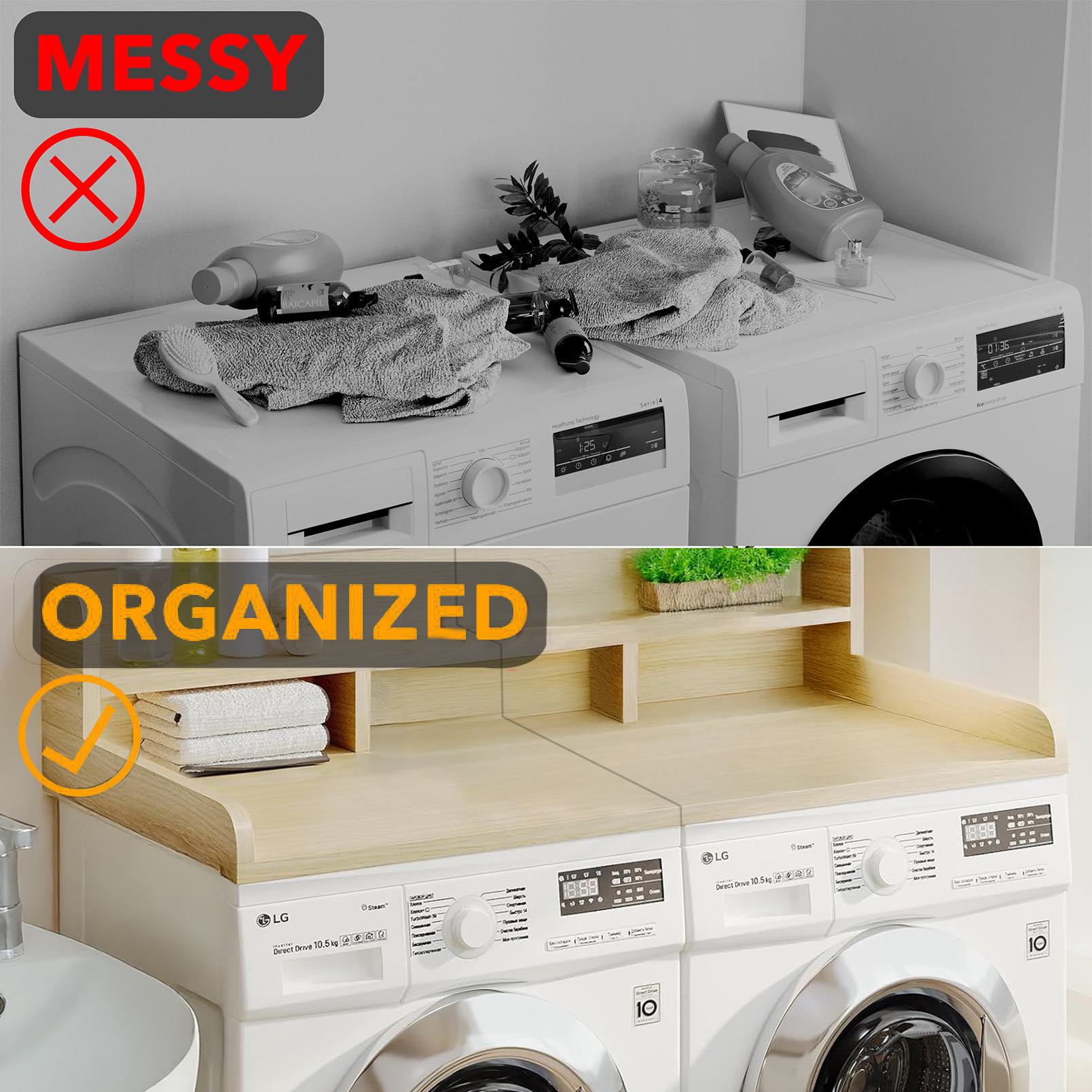 Practical Washer Dryer Countertop with Non-slip Pads, Wood Shelf Topper with Edge, Double Layer Organizer, 54" L x 27.5" W x 12" H, Oak