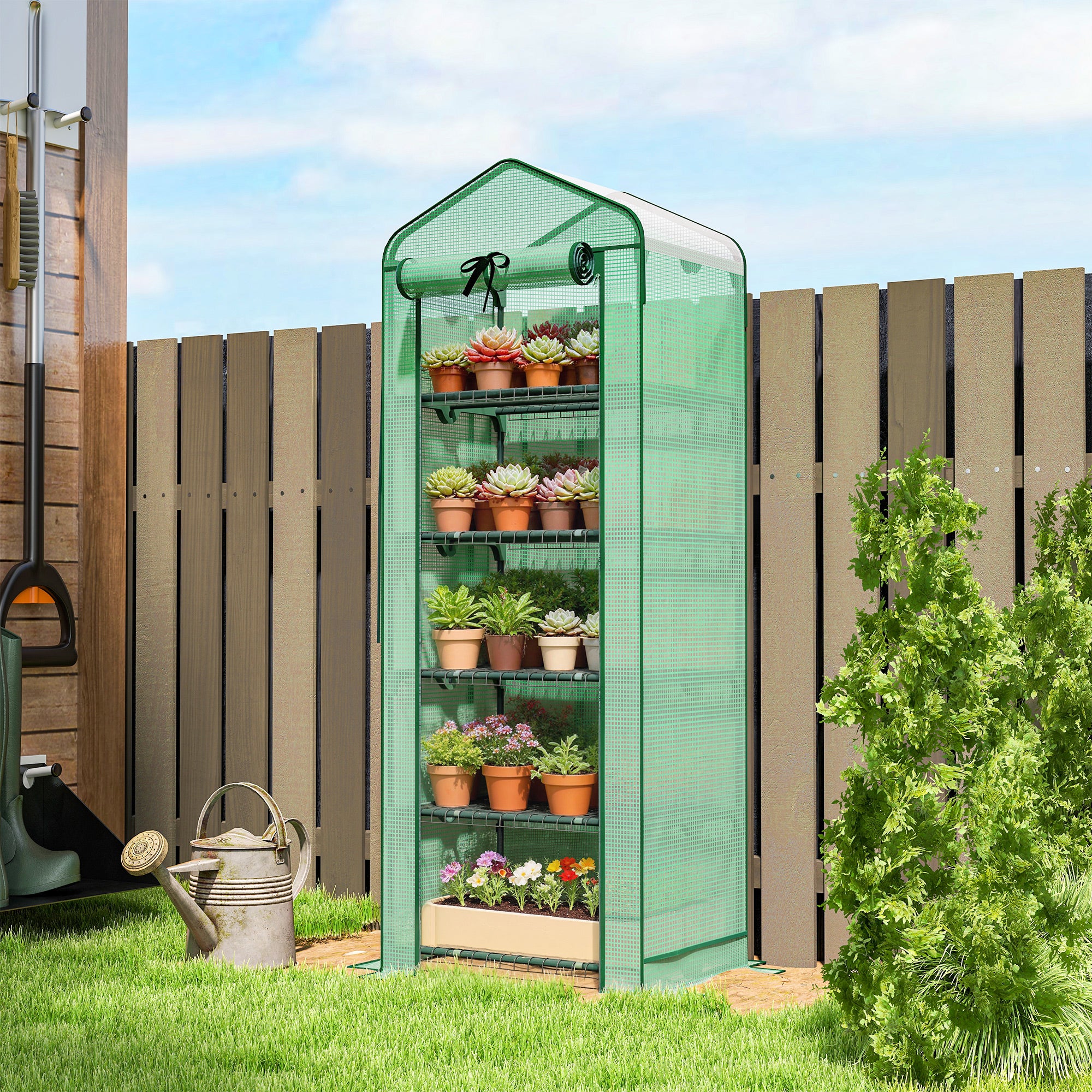 Mini Greenhouse with Screen Roof, 5 Tier Portable Small Greenhouse with High Strength PE Cover, Green