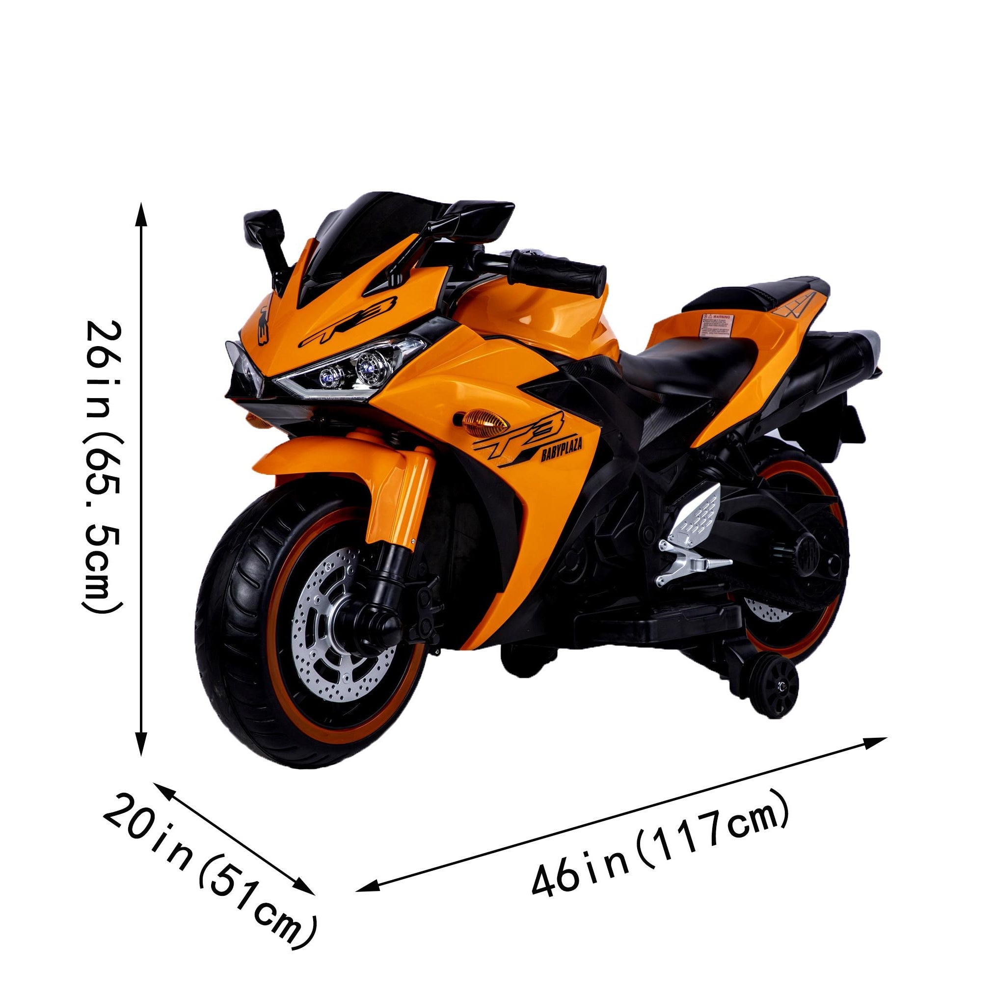 12V Kids Electric Ride-On Motorcycle with Training Wheels and Headlight, Motorbike with MP3 and Light-Up Wheels, 46" L x 20" W x 26" H, Orange