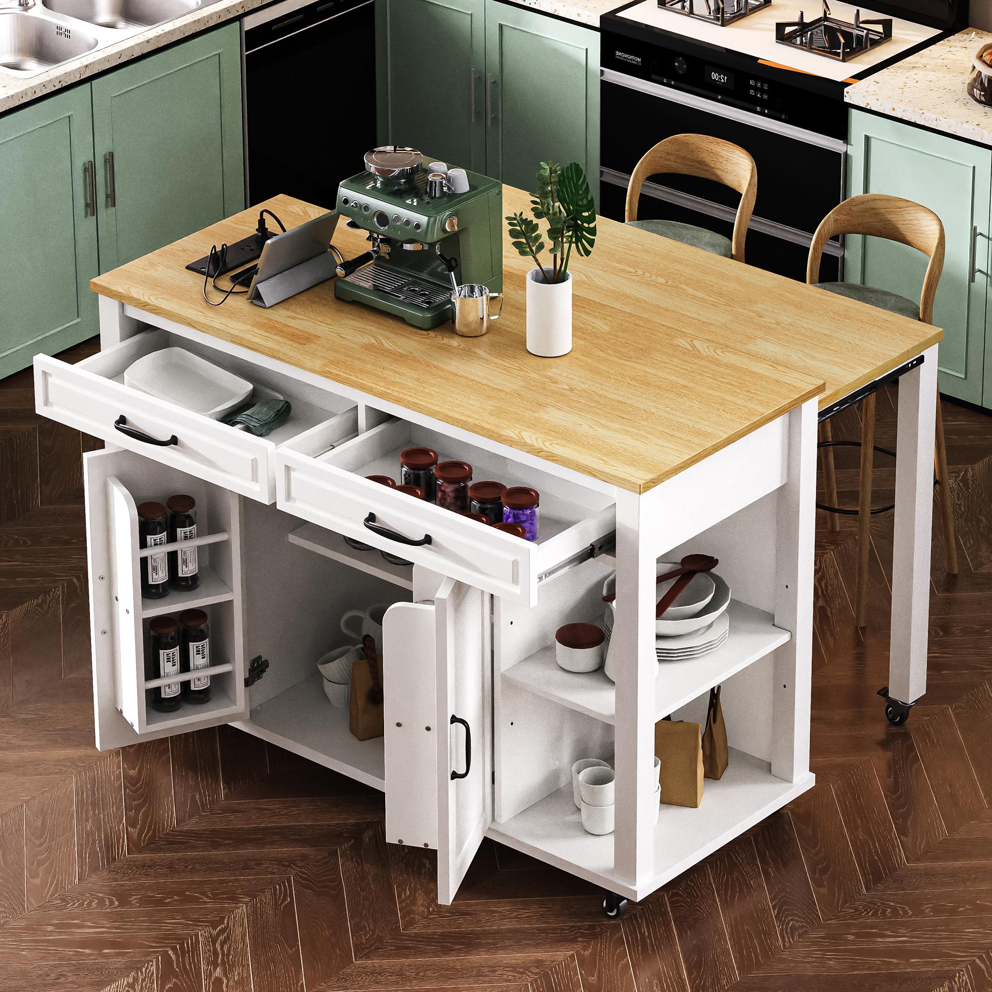 Kitchen Island with Extendable Dining Table, Rubber Wood Veneer, Internal Rack, Power Outlet, 2 Drawers, 2 Cabinets, 47" L x 33.5" W x 37" H, White