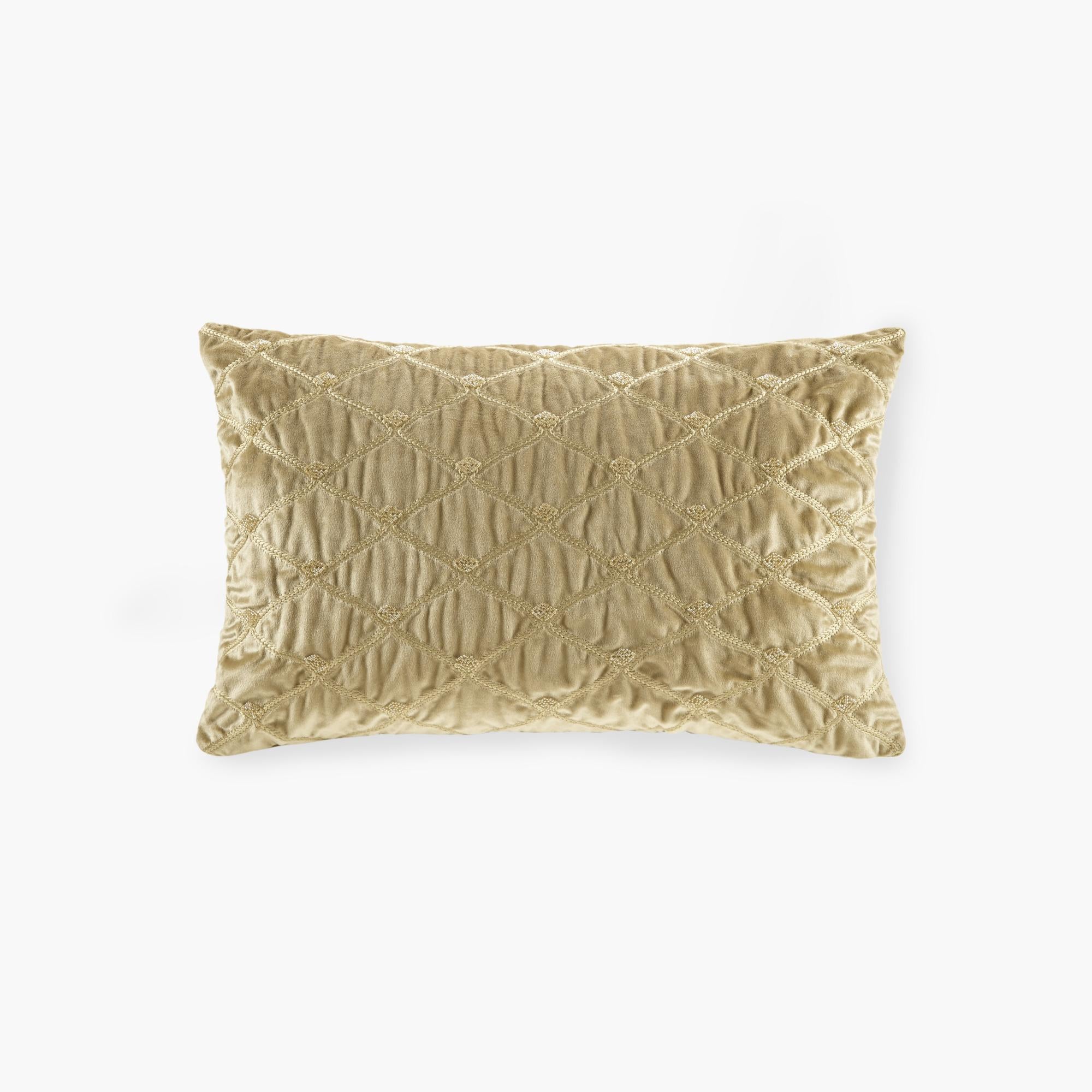 Oblong Decor Pillow with Hand-Beaded Embellishments, Velvet Cover, Removable Goose Feather Insert, 22" L x 15" W x 5" H, Gold
