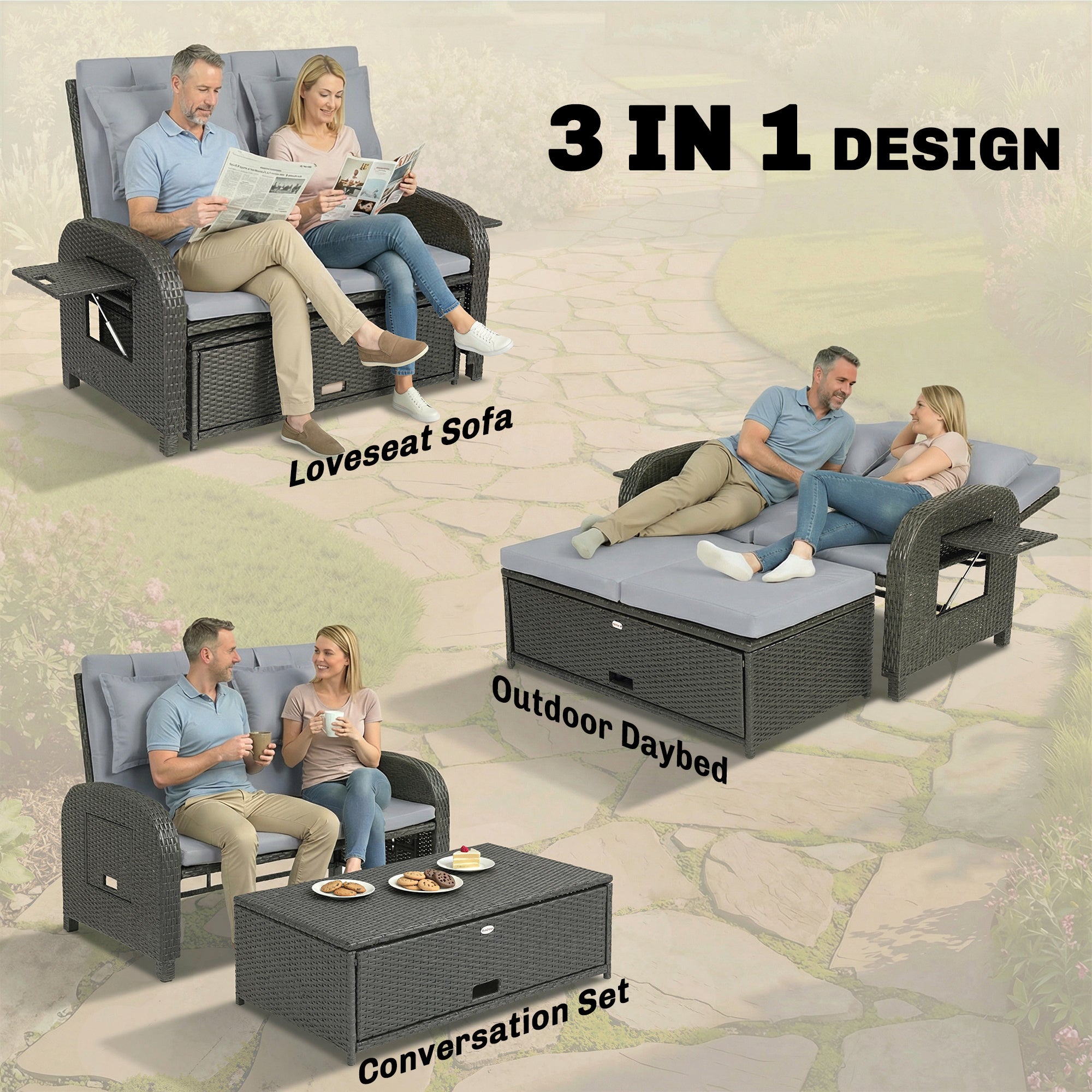 Patio Rattan Daybed, Wicker Outdoor Daybed with Storage Ottoman, Loveseat w/ Adjustable Backrest, Gray