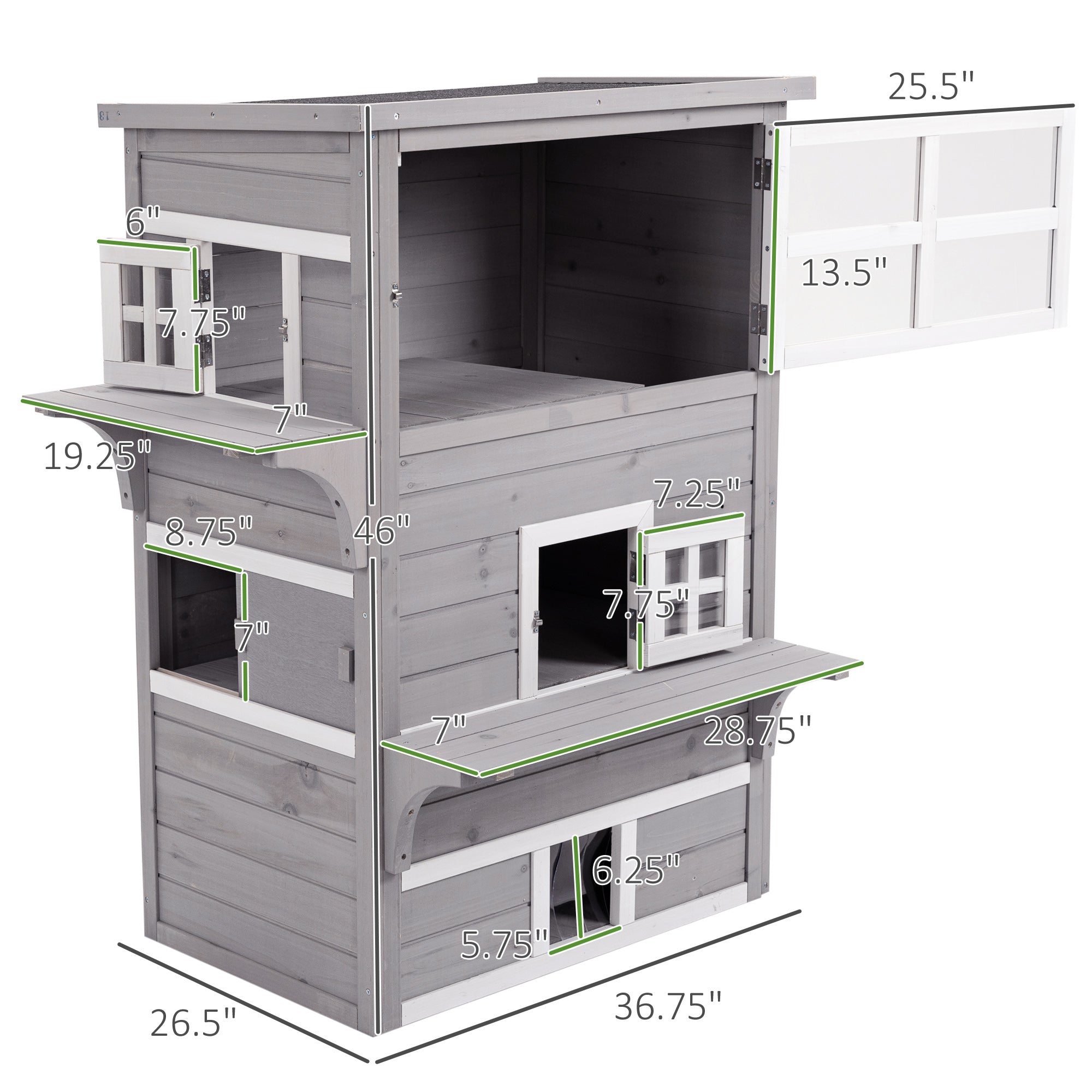 Outdoor Cat House, 3-Tier Kitty Shelter with 5 Escape Doors, Weather Resistant, Gray & White