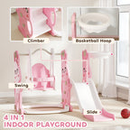 4 in 1 Toddler Slide and Swing Set with Climber, Basketball Hoop, Rabbit Themed Kids Playset for Ages 1.5-4, Pink