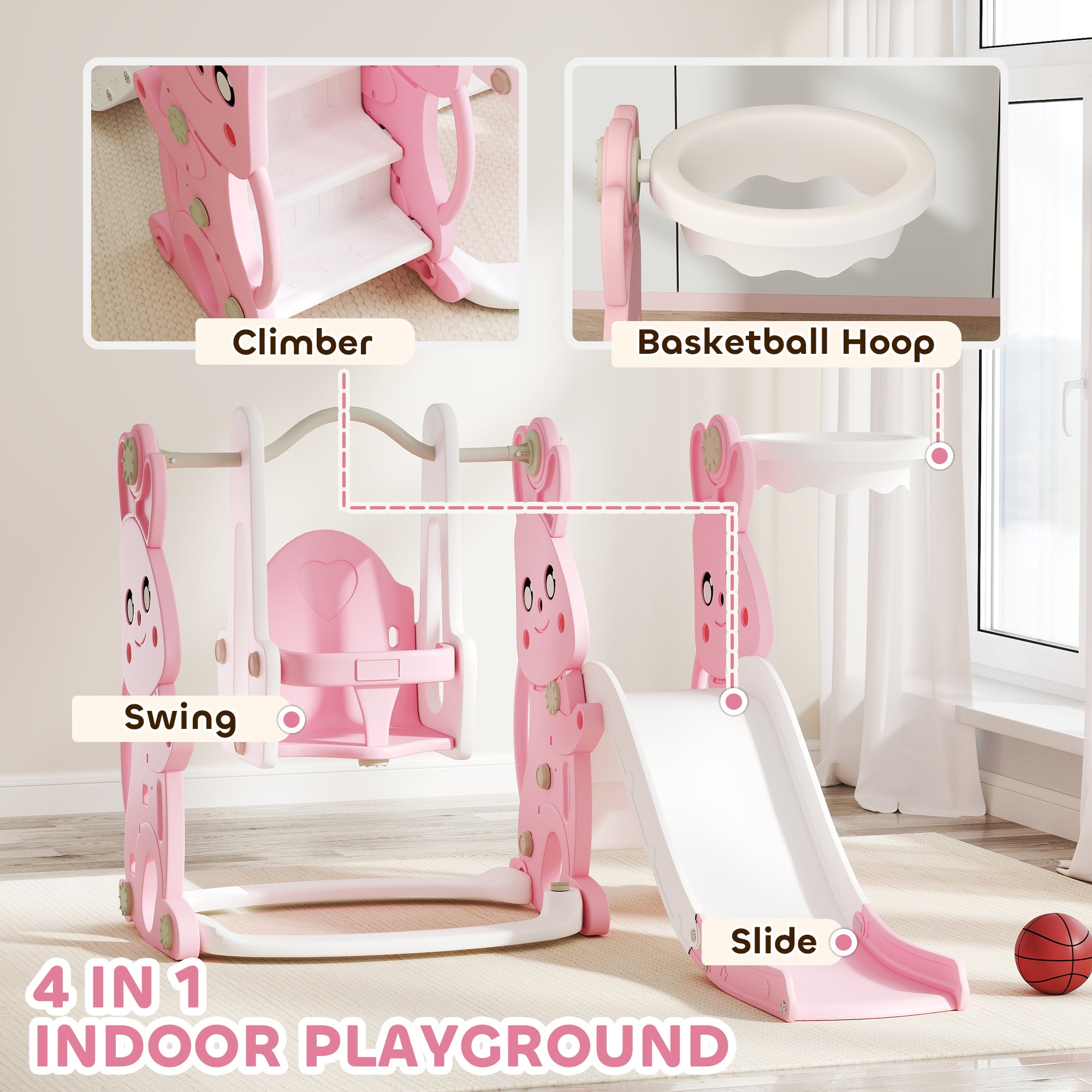 4 in 1 Toddler Slide and Swing Set with Climber, Basketball Hoop, Rabbit Themed Kids Playset for Ages 1.5-4, Pink