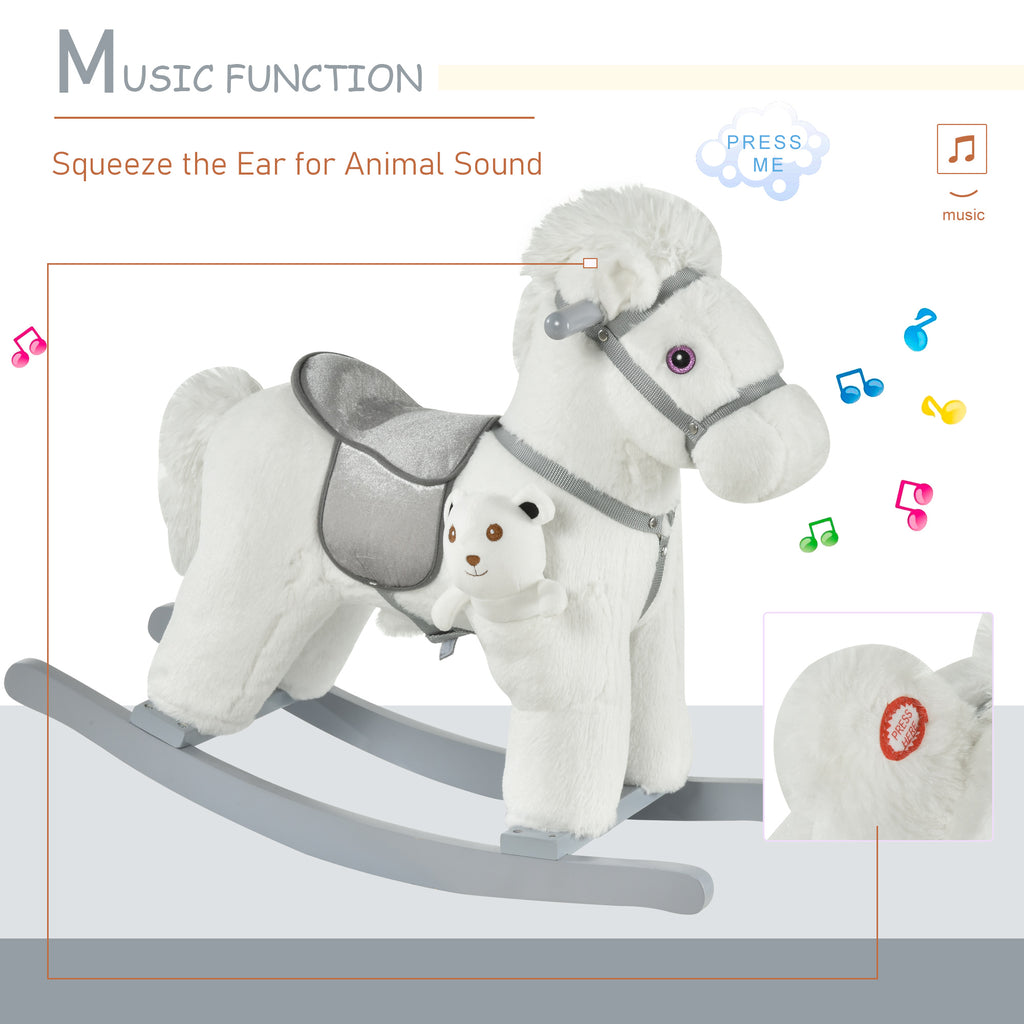 Kids Rocking Horse with Bear Toy, Plush Animal Rocker with Fun Realistic Sounds for Toddler 18-36 Months, White