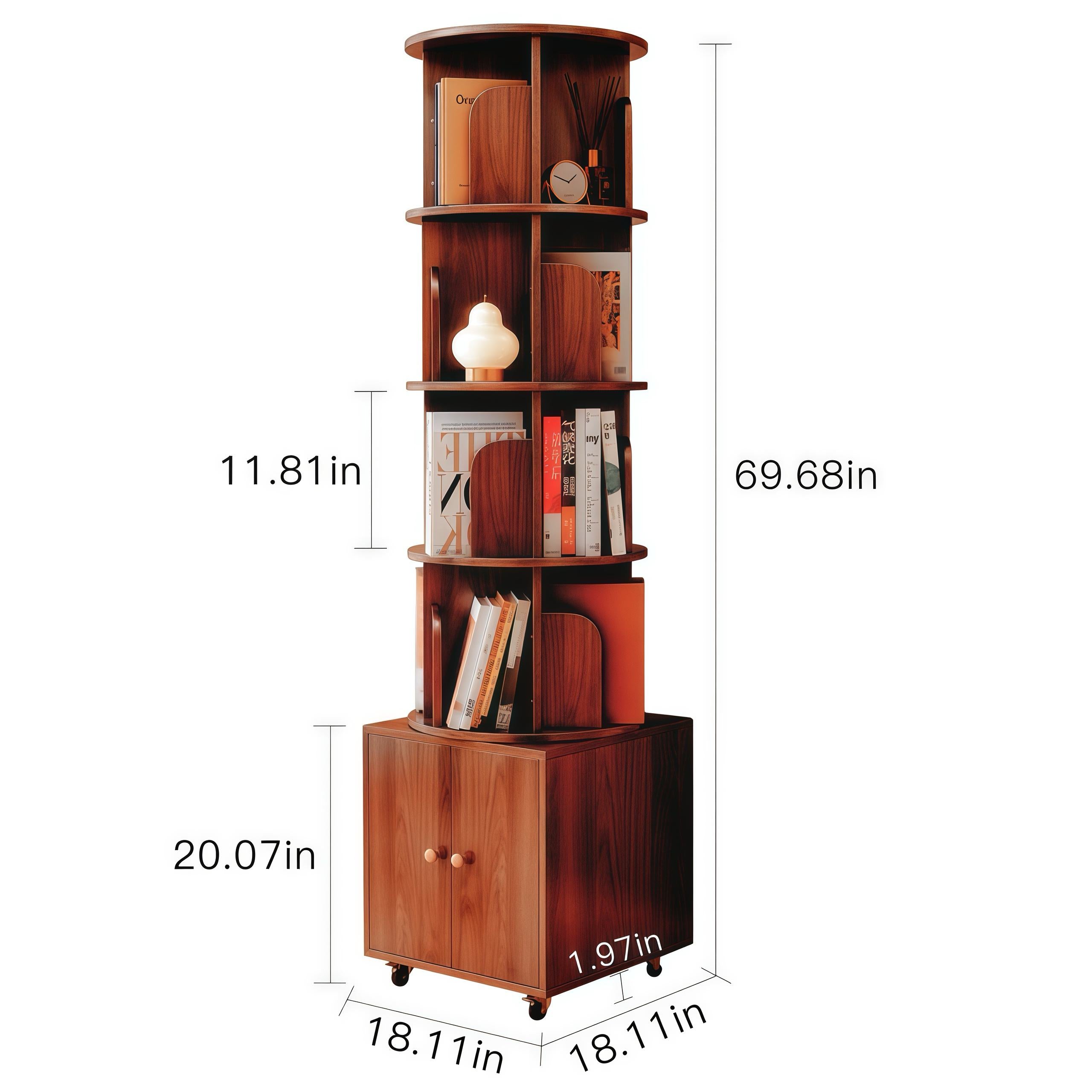 5-Tier 360-Degree Rotating Corner Bookshelf with Drawer, Wood Book Shelf Organizer for Bedroom, Living Room, 18" L x 18" W x 70" H, Walnut Brown
