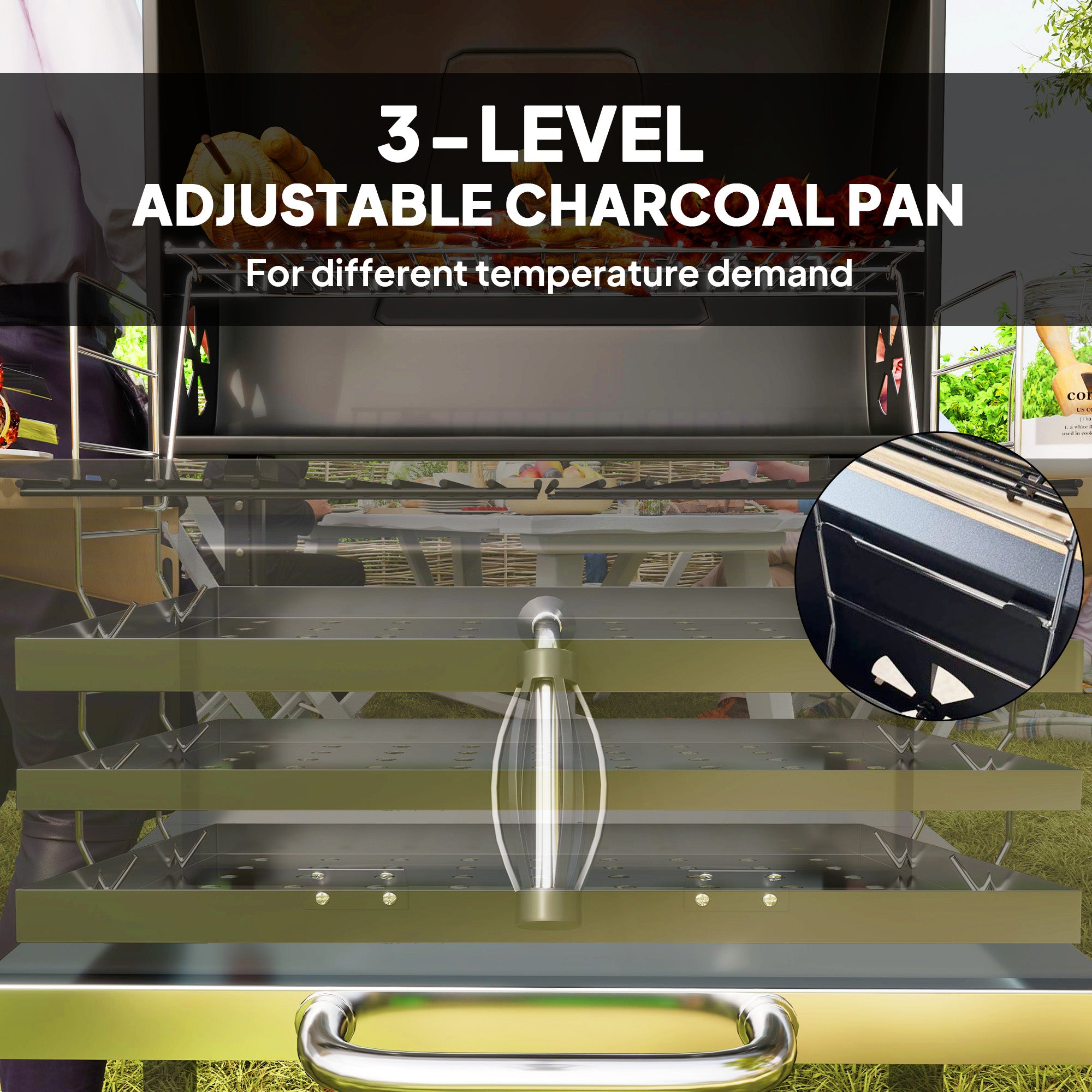 Charcoal BBQ Grill with 245 sq. in. Cooking Area, Adjustable Charcoal Pan, 3 Shelves, Thermometer, Black