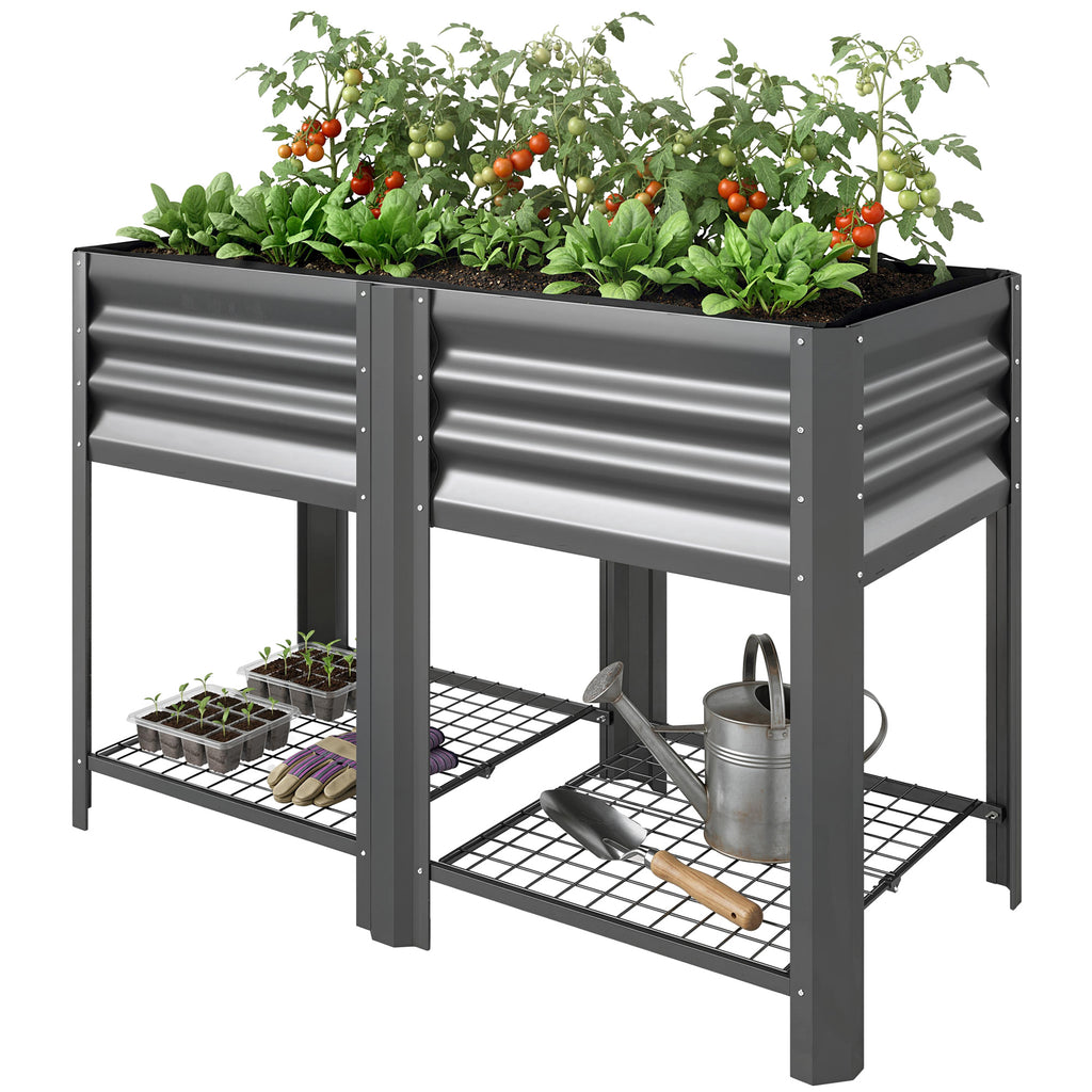 Raised Garden Bed Galvanized Steel, Elevated Planter Box with Storage Shelf, Bed Liner, 31.5" High, Dark Gray
