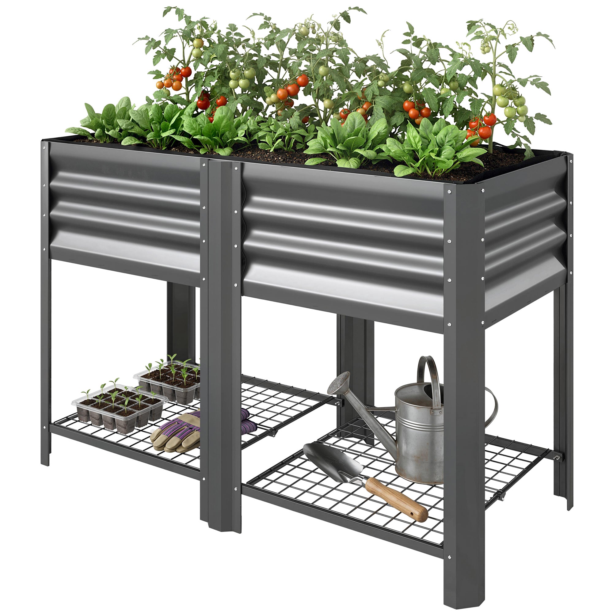 Raised Garden Bed Galvanized Steel, Elevated Planter Box with Storage Shelf, Bed Liner, 31.5" High, Dark Gray