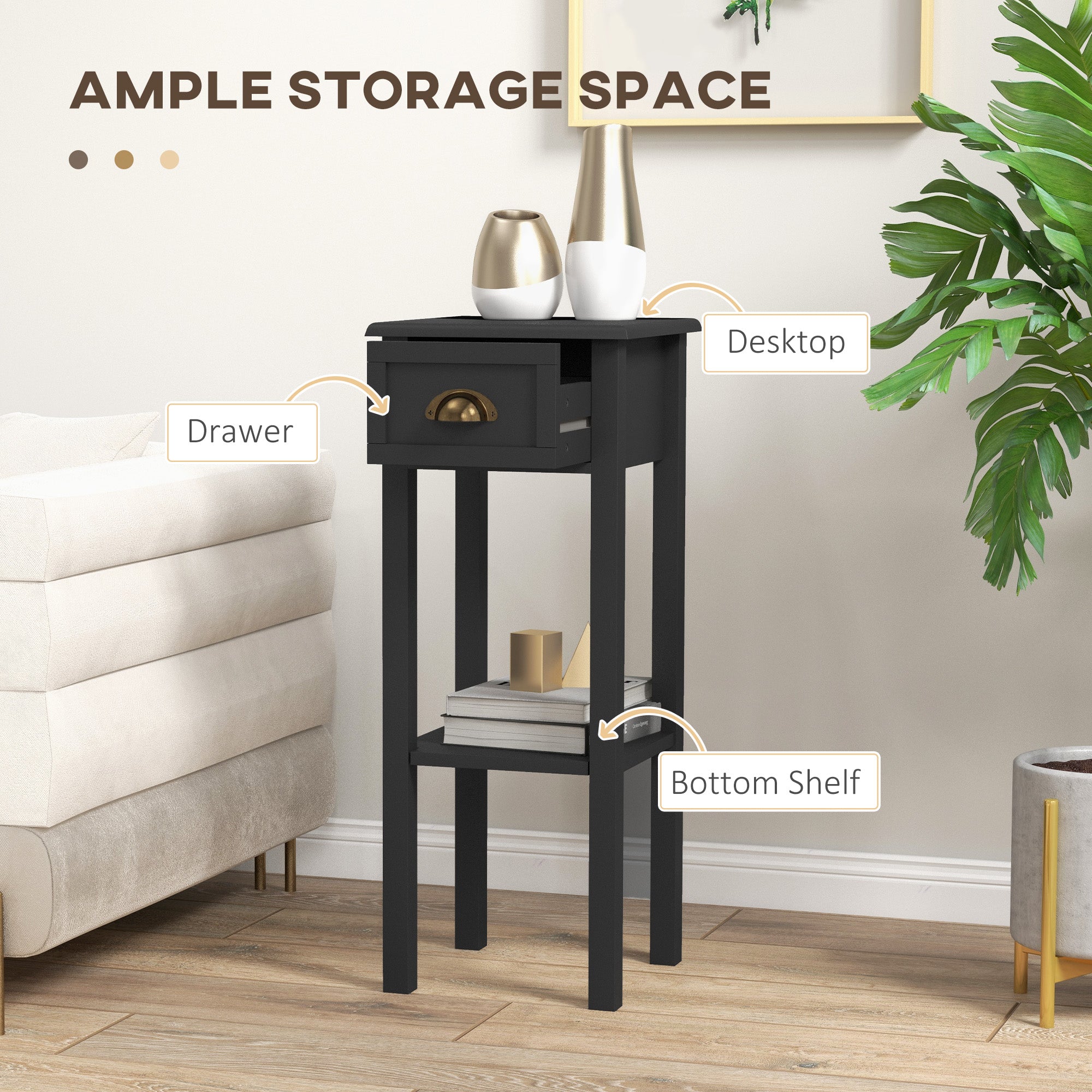 2-Tier Side Tables Set of 2 with Drawer and Shelf, 2 Pieces End Tables for Living Room and Hallway, Black