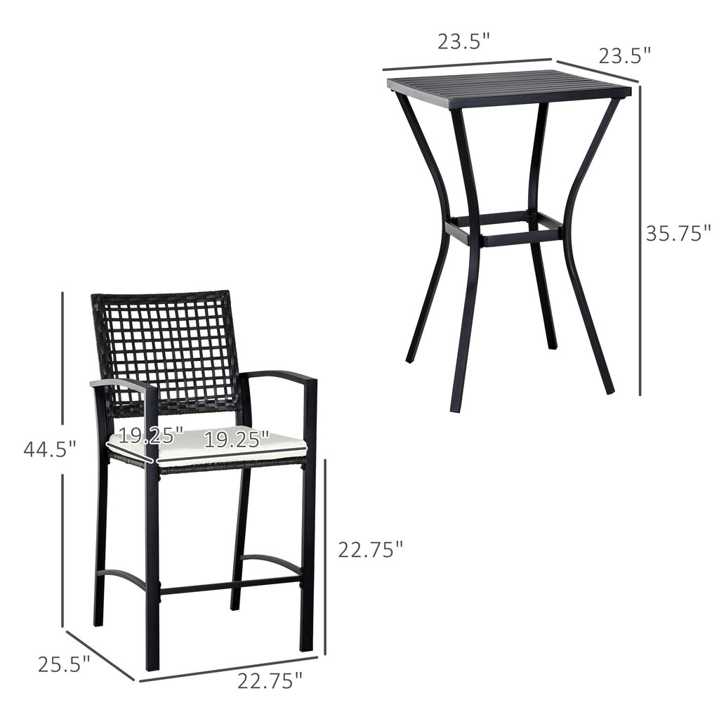 3pcs Patio Bar Set with Soft Cushion, Rattan Wicker Outdoor Furniture Set for Backyards, Lawn, Deck, Poolside