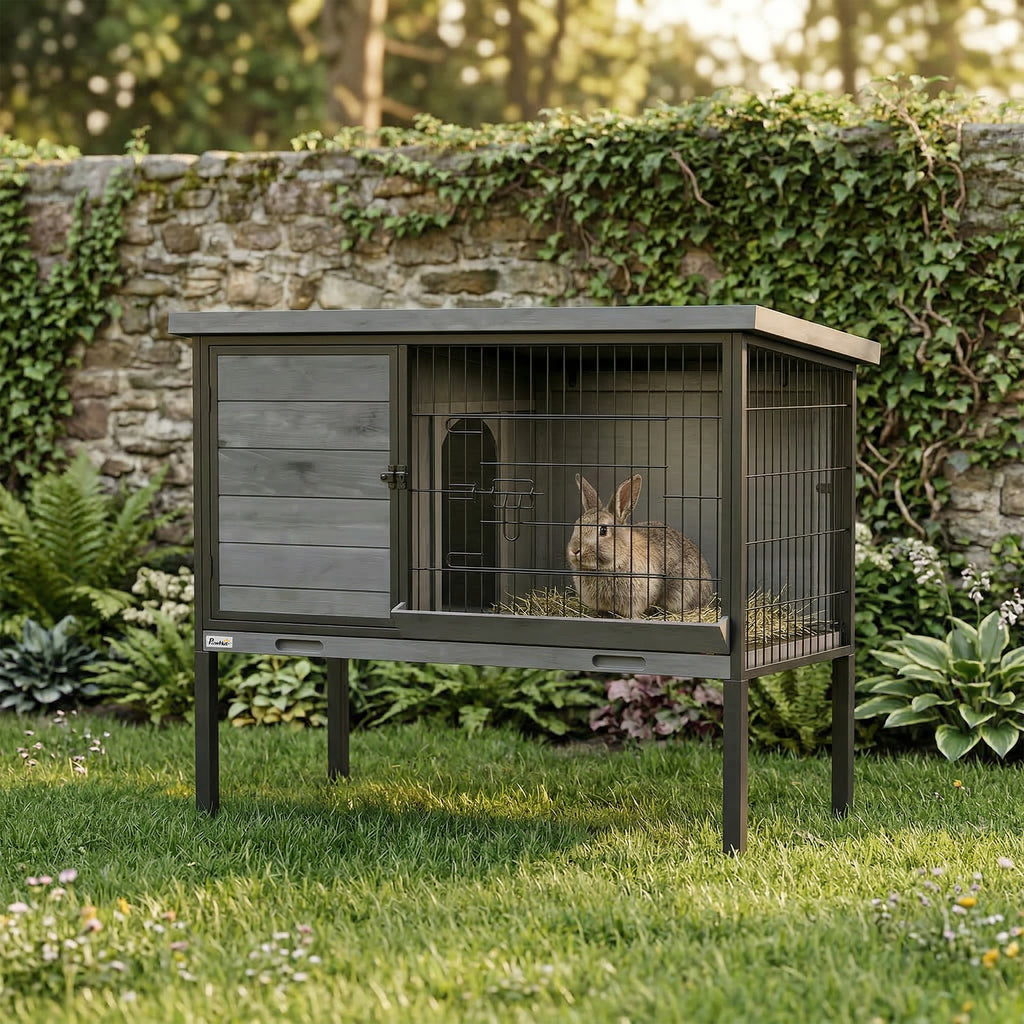 Elevated Rabbit Hutch Outdoor, Wooden Rabbit Cage Bunny House with Pull-out Tray and Openable Plastic Roof