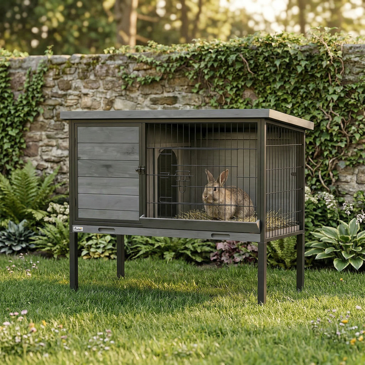 Elevated Rabbit Hutch Outdoor, Wooden Rabbit Cage Bunny House with Pull-out Tray and Openable Plastic Roof