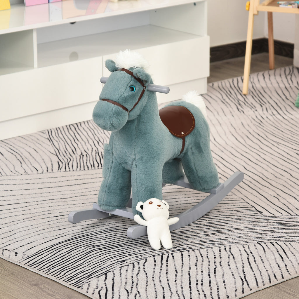 Kids Rocking Horse with Bear Toy, Plush Animal Rocker with Fun Realistic Sounds for Toddler 18-36 Months, Blue