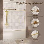 Frameless Sliding Shower Door with Smooth Quiet Stainless Steel Rollers & Round Tracks, Panel for Bathroom, 60" L x 0.5" W x 60" H, Brushed Gold