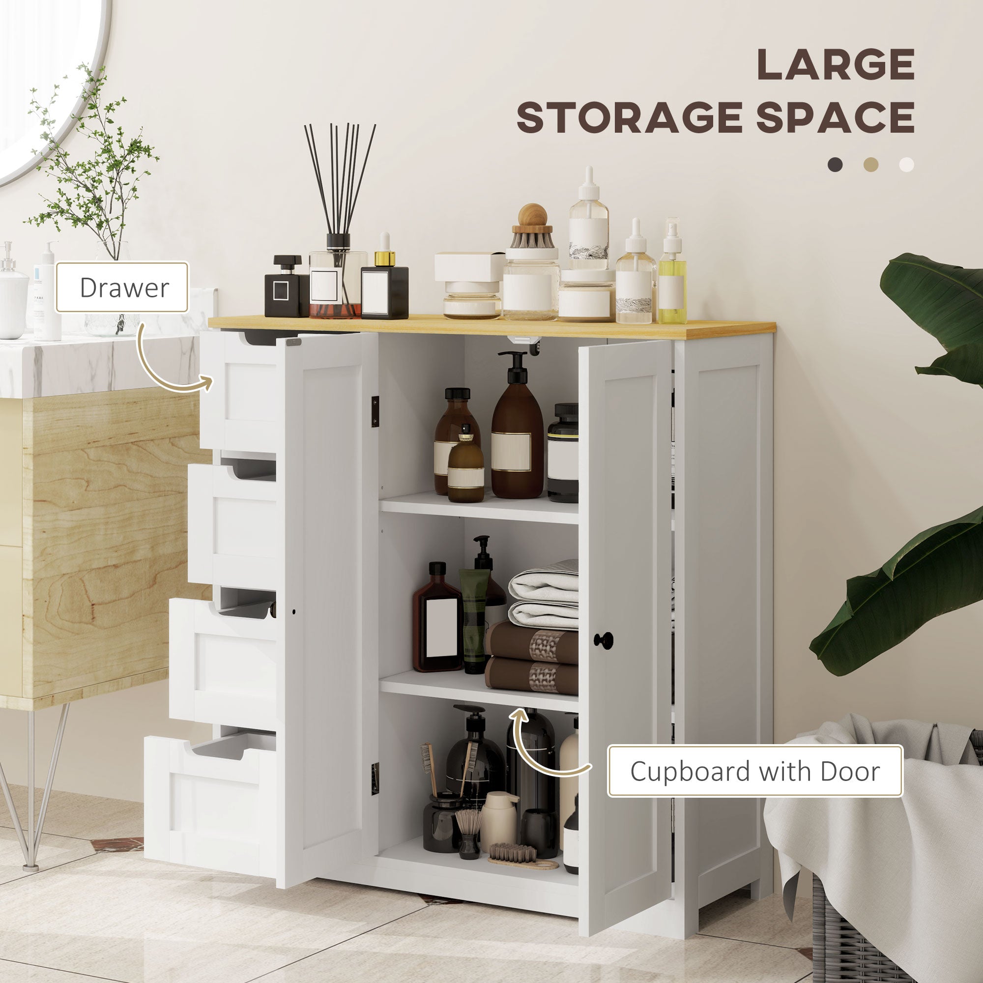 Freestanding Bathroom Floor Cabinet, Modern Bathroom Cabinet with Adjustable Shelf, 4 Drawers and 2 Doors, White