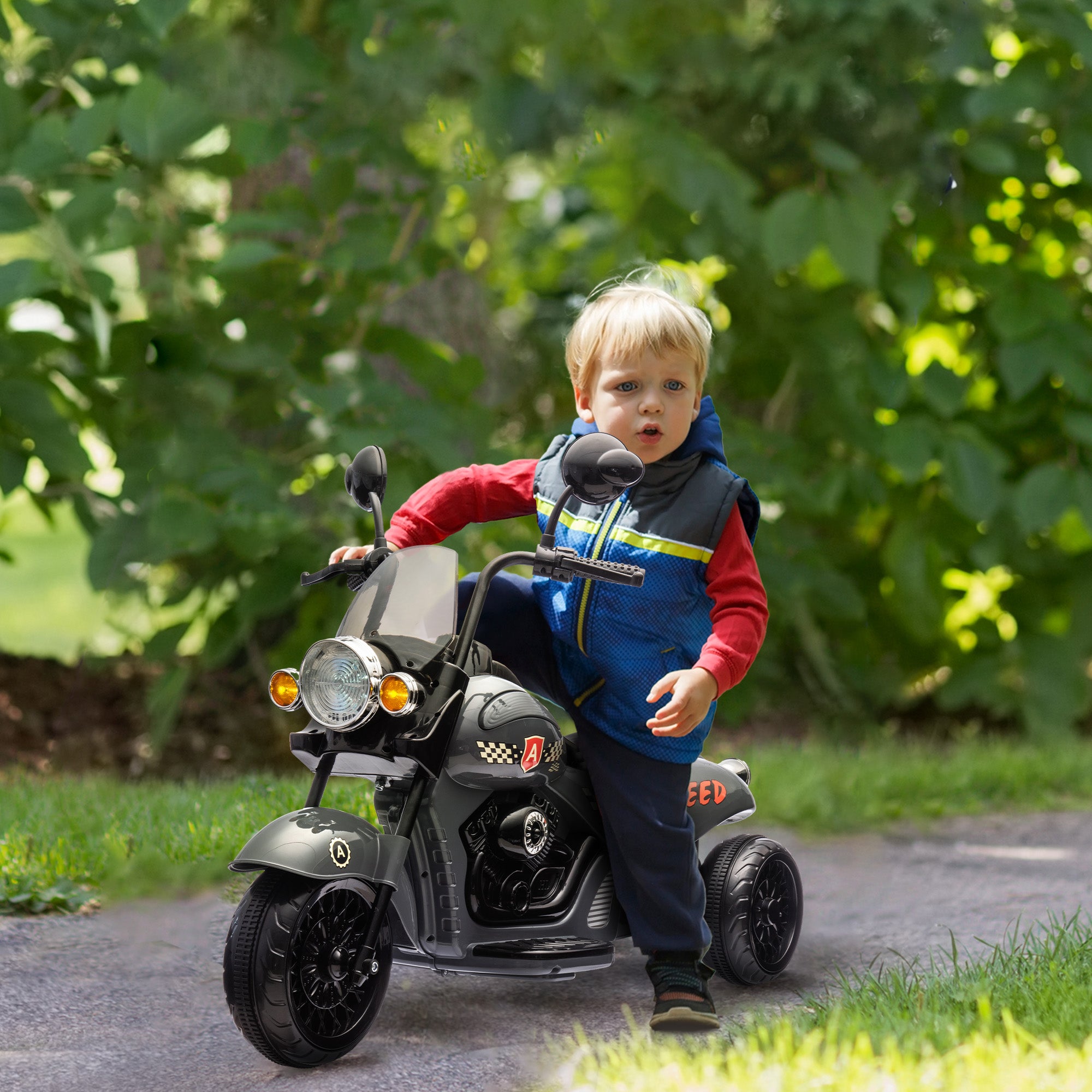 6V 3 Wheel Electric Motorcycle for Kids, Battery Powered Motorbike w/ Headlights, Music, Forward & Reverse, Gray