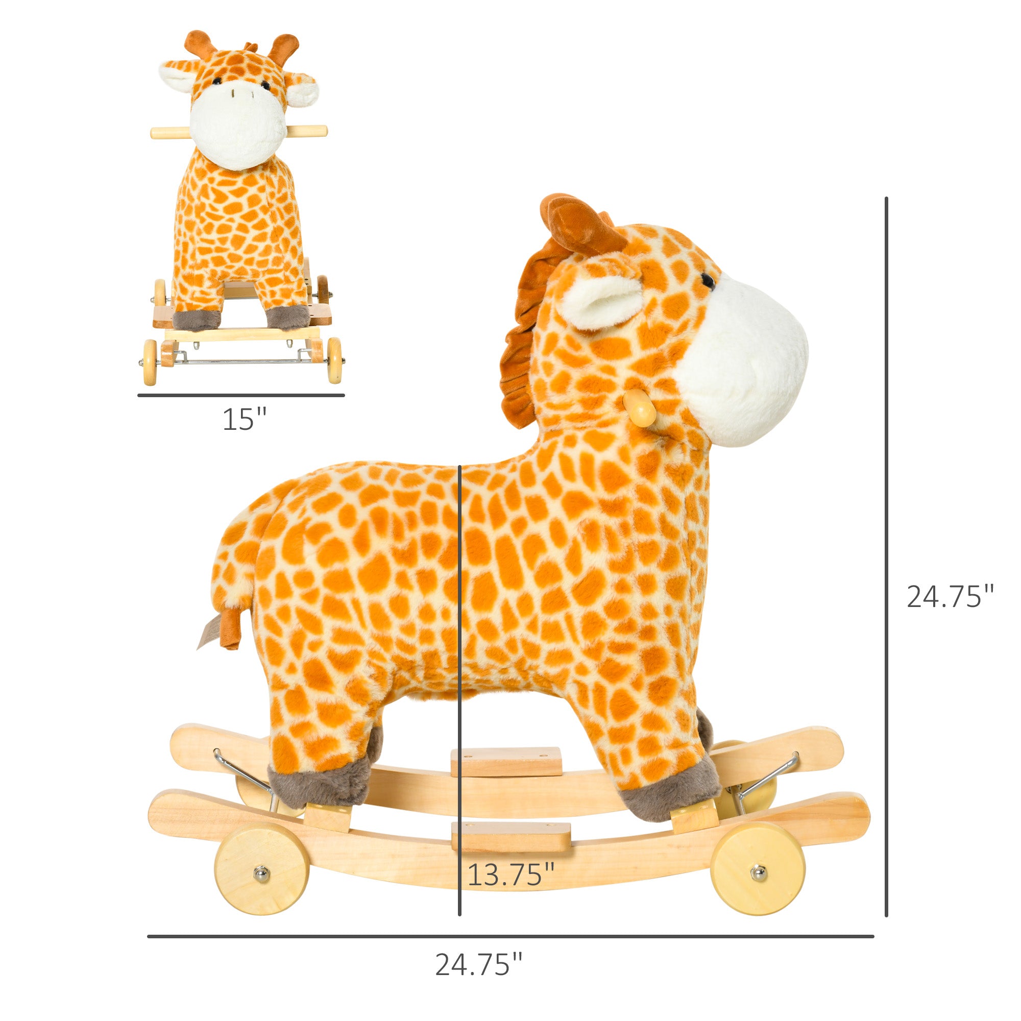 Rocking Horse, 2 in 1 Kids Ride on Horse, Rolling Giraffe Animal Rocker with Sound, Wooden Base, Pedal, Grip Handle, Plush Riding Pony for 3-6 Years Old, Yellow