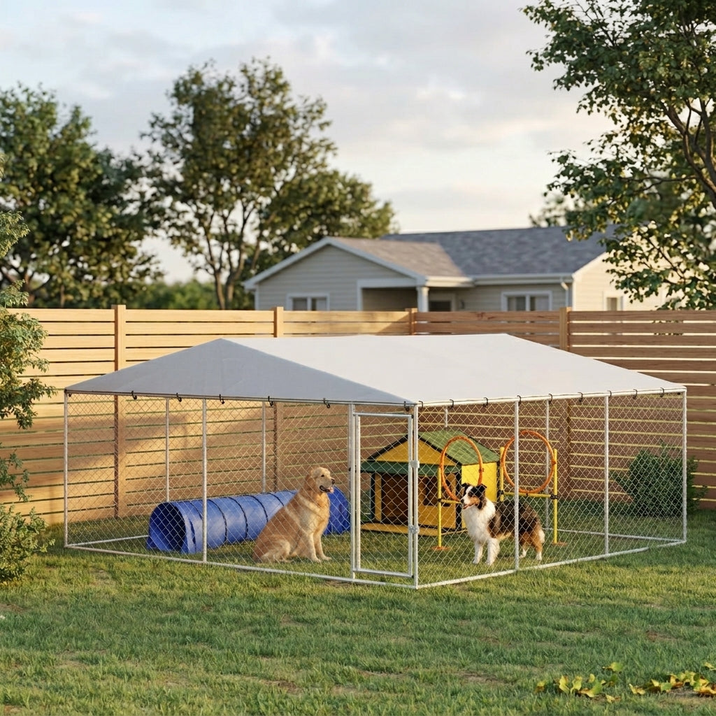 15' x 15' x 7' Dog Kennel Outdoor for Small Medium Large Dogs with Waterproof Roof, Silver