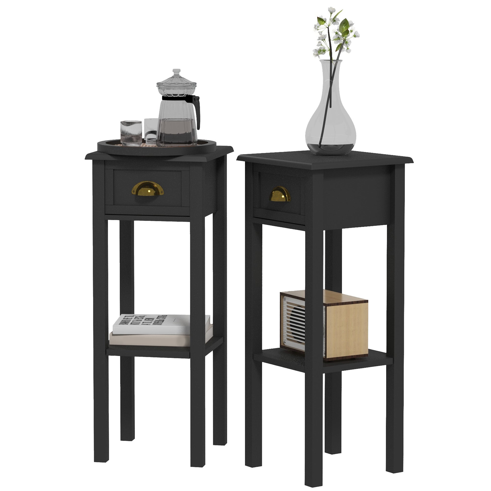 2-Tier Side Tables Set of 2 with Drawer and Shelf, 2 Pieces End Tables for Living Room and Hallway, Black