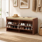 Shoe Storage Bench with Padded Seat, Shoe Storage Bench 2 Rattan Doors for Entryway, Brown