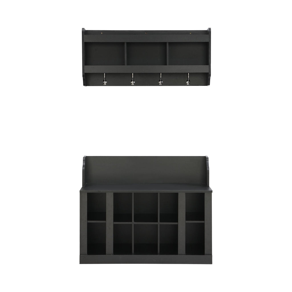 Shoe Cabinet Storage with Shelves and 4 Hooks, Elegant Hall Tree with Wall Mounted Coat Rack, Entryway Organizer for Hallway, Mudroom, Black