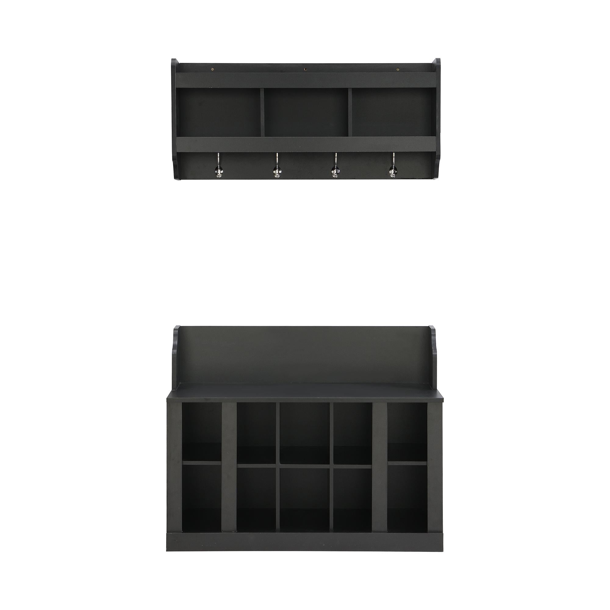 Shoe Cabinet Storage with Shelves and 4 Hooks, Elegant Hall Tree with Wall Mounted Coat Rack, Entryway Organizer for Hallway, Mudroom, Black