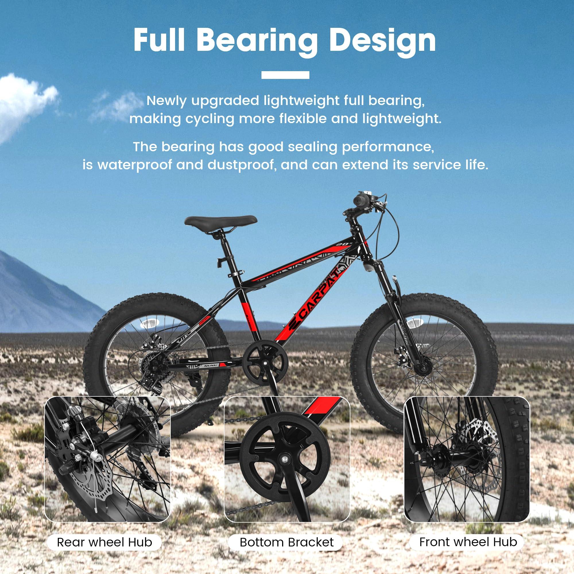 20" Kids' Fat Tire Mountain Bike with 7-Speed Drivetrain, and Dual Disc Brakes, for Ages 8-12, 63" L x 24.5" W x 35" H, Black+Red