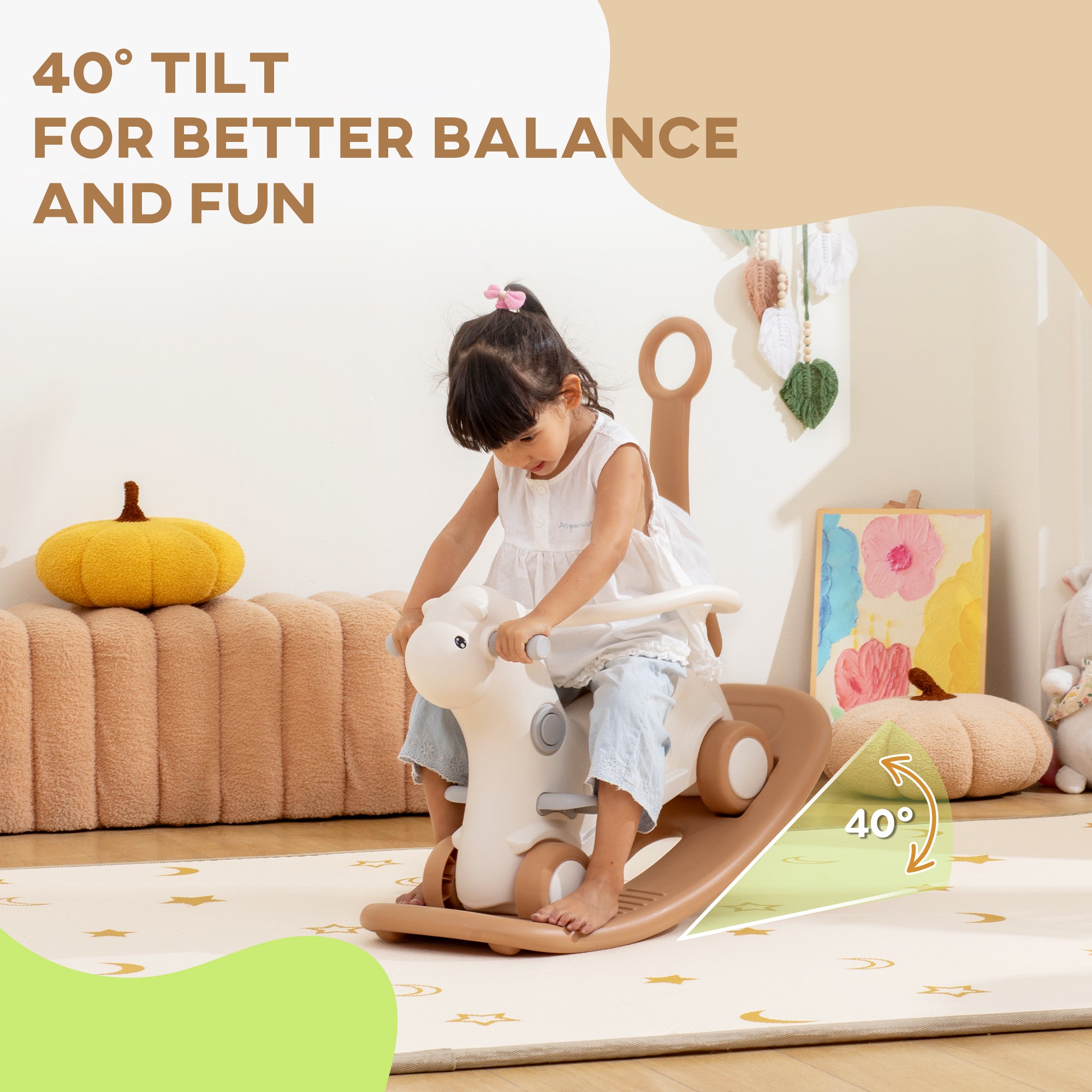 Rocking Horse for Toddlers 1-3 Years, 4-in-1 Baby Rocking Horse with Detachable Balance Board and Push Handle, Brown