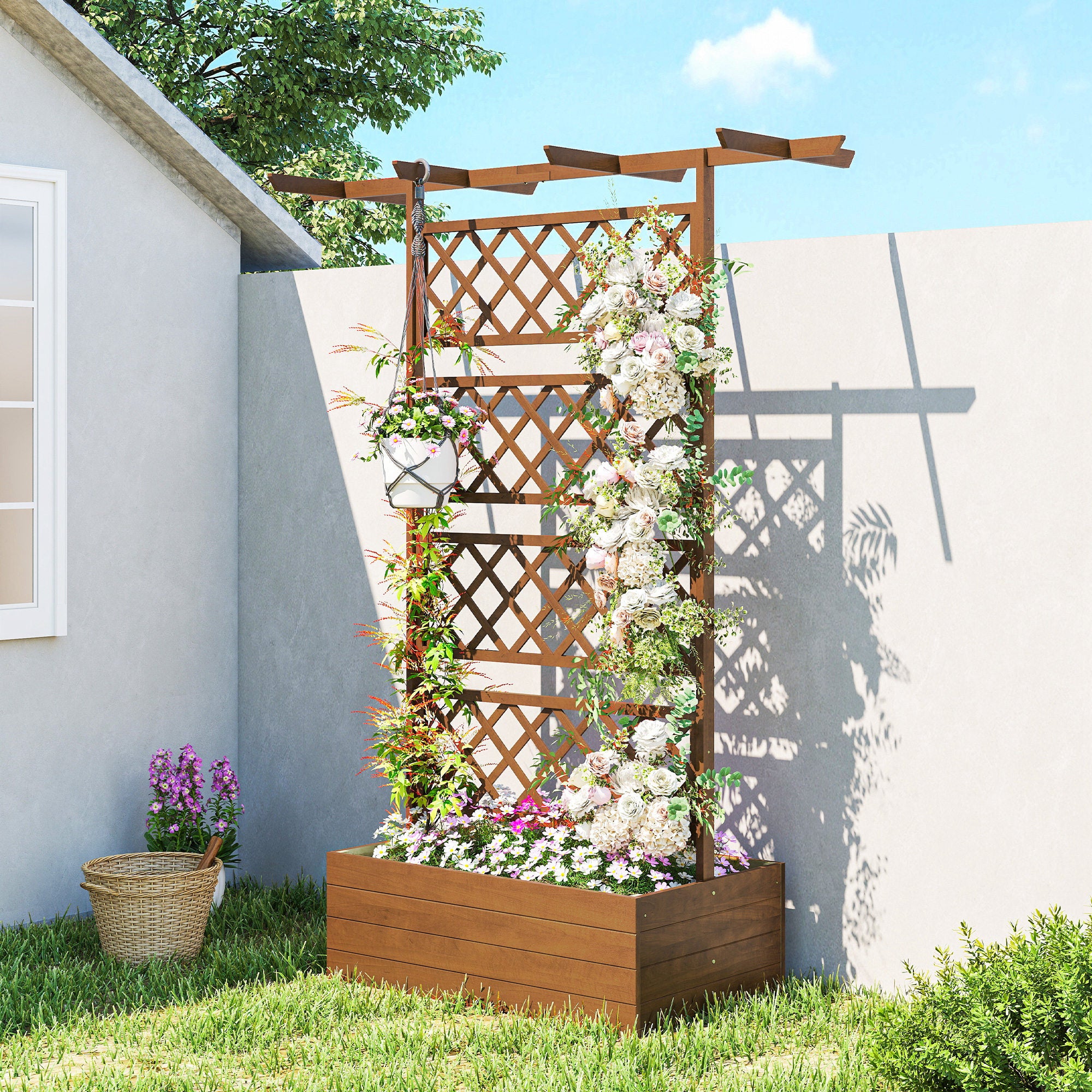 Wooden Trellis Planter Box, Raised Garden Bed to Grow Vegetables, Herbs and Flowers