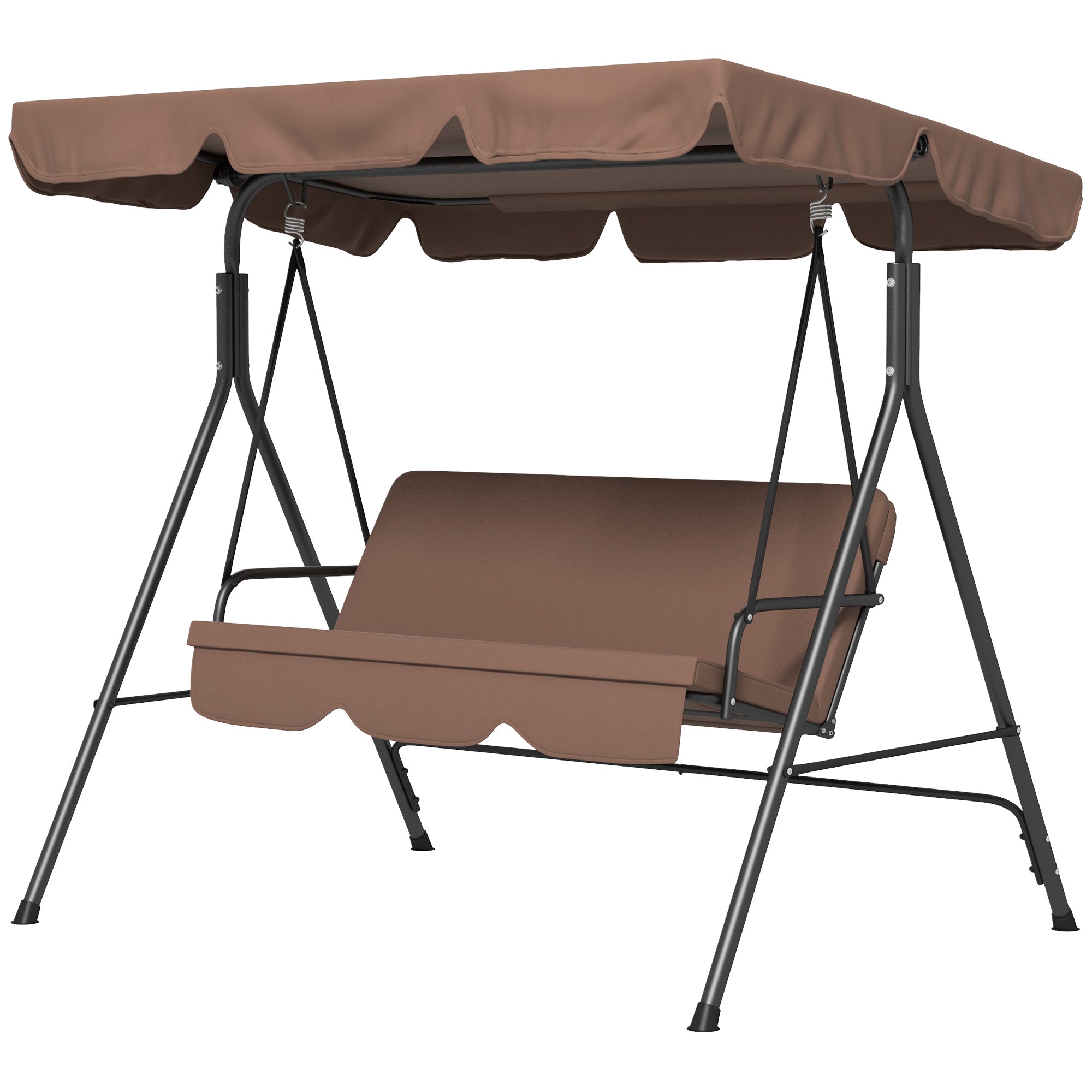 Large Family Swing Set, 3-Seat Adjustable Canopy Swing Bench with Cushion, Steel Frame Stand for Patio, Garden, Family Use, Brown