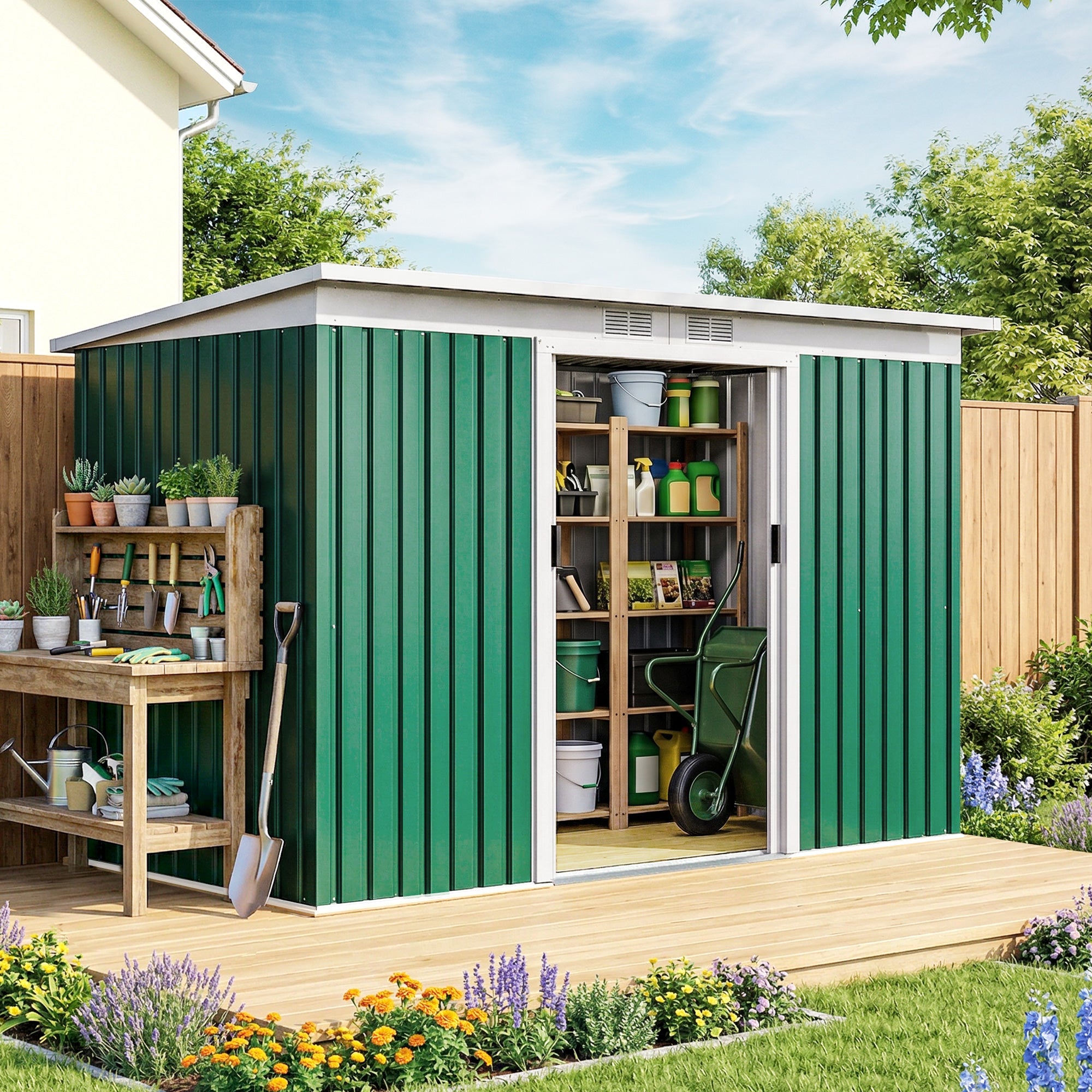 9' x 4' Metal Outdoor Storage Shed, Tool House with Double Lockable Doors for Backyard, Patio, Lawn, Garage, Dark Green