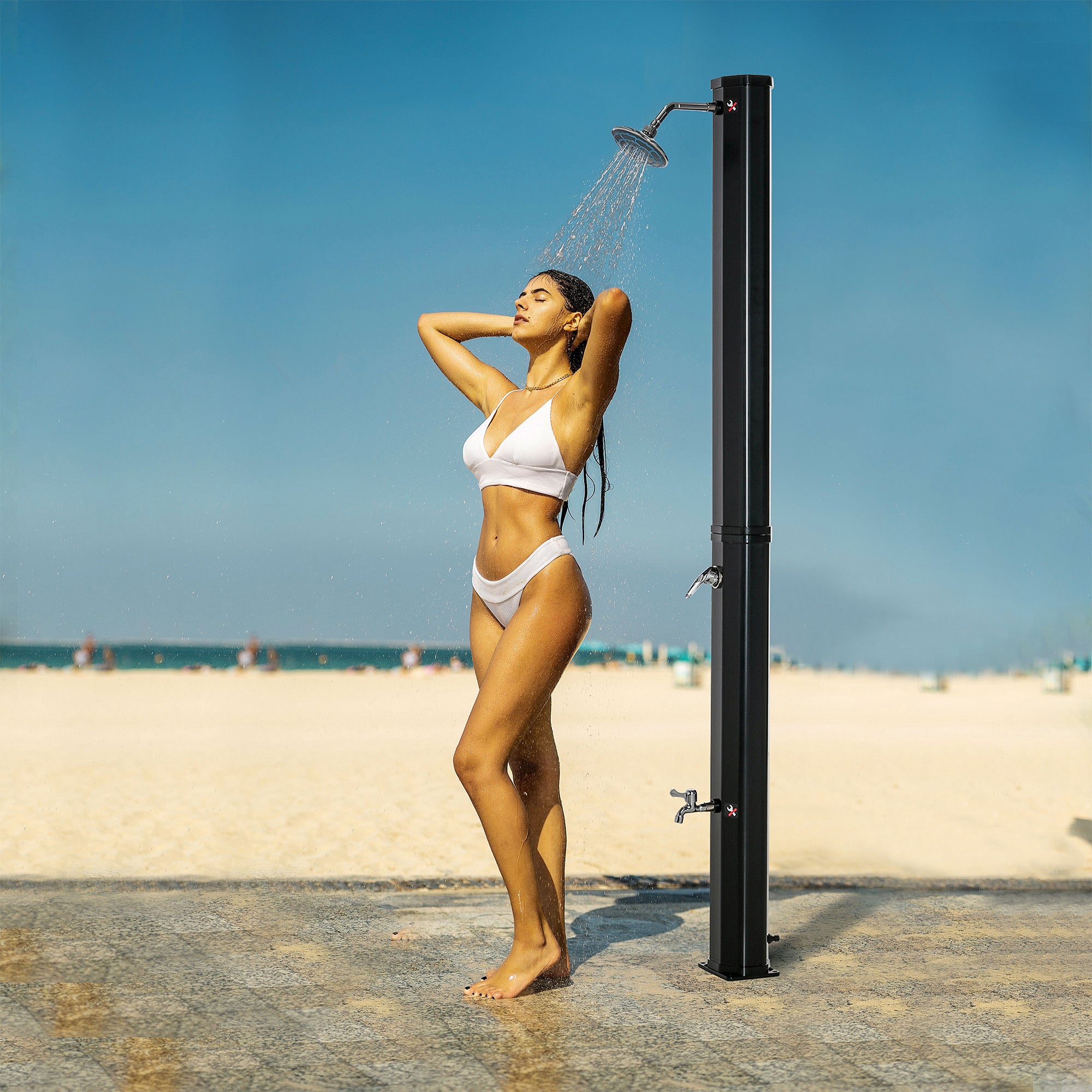 7ft Outdoor Solar Heated Shower with 360 Rotating Shower Head, Foot Shower Faucet, Temperature and Pressure Adjustable, Holds 9.2 Gallons for Backyard Pool