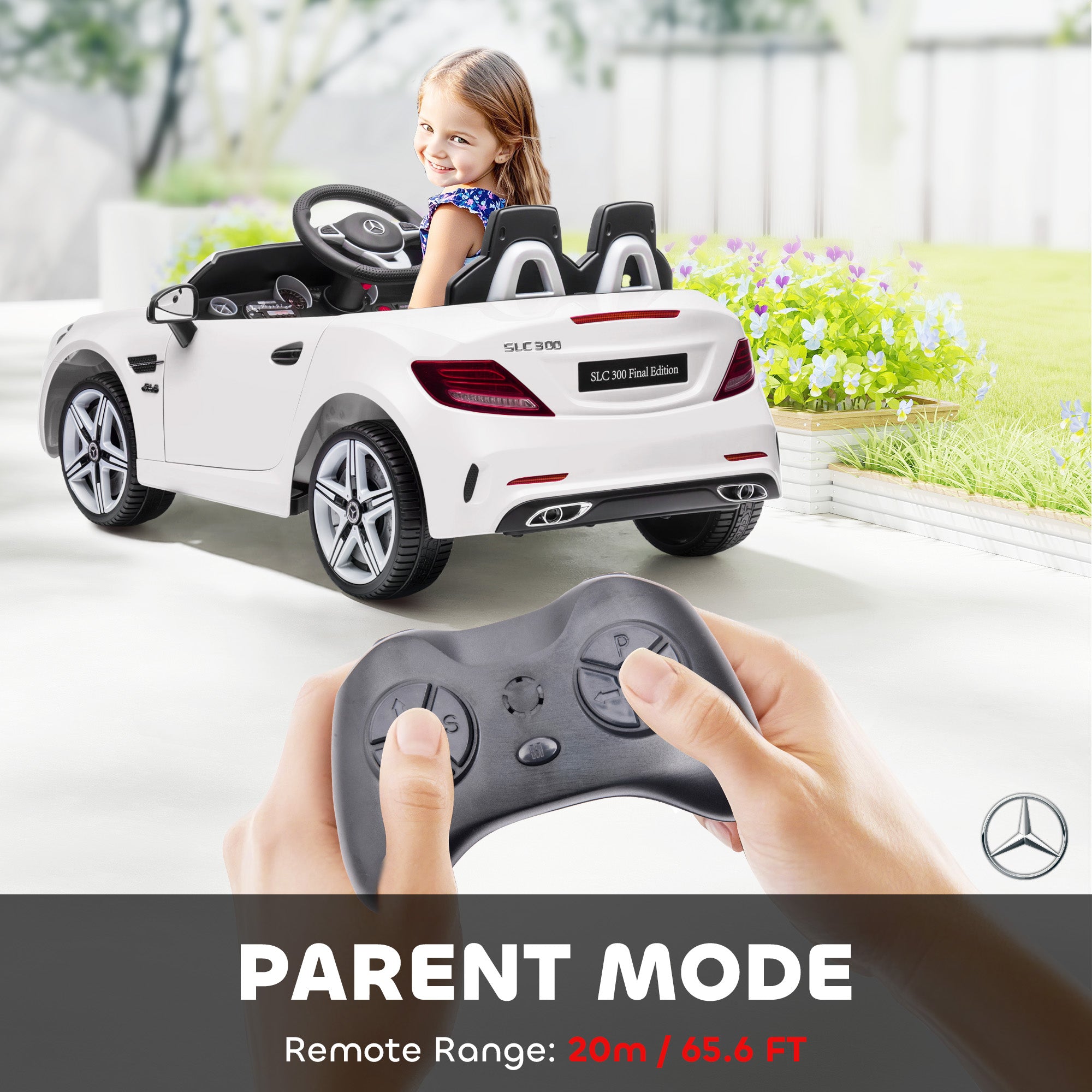SLC 300 Licensed 12V Ride On Car for Kids with Remote Control, 2 Speeds, Battery Powered Kids Electric Car with Music, Lights, Suspension for 3-6 Years Old, White