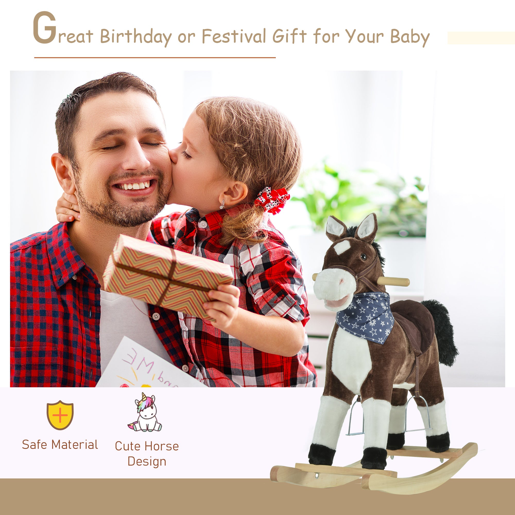 Kids Plush Ride-On Rocking Horse Toy Cowboy Rocker with Fun Realistic Sounds for Child 3-6 Years Old, Brown