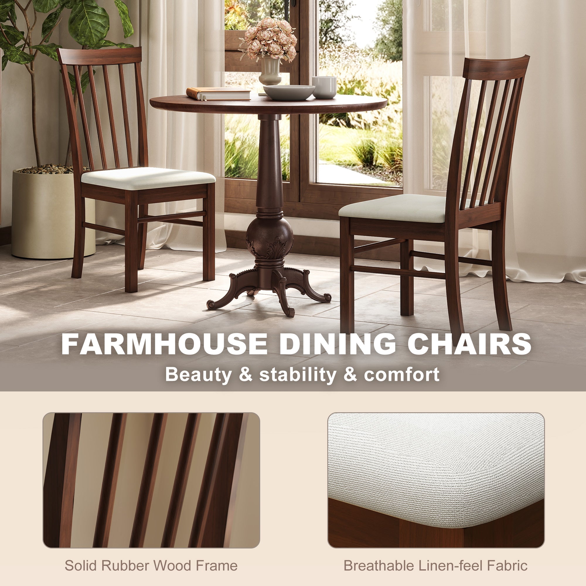 Wooden Dining Chairs Set of 2, Farmhouse Upholstered Kitchen Chairs with Rubber Wood Frame, Dark Brown and Beige