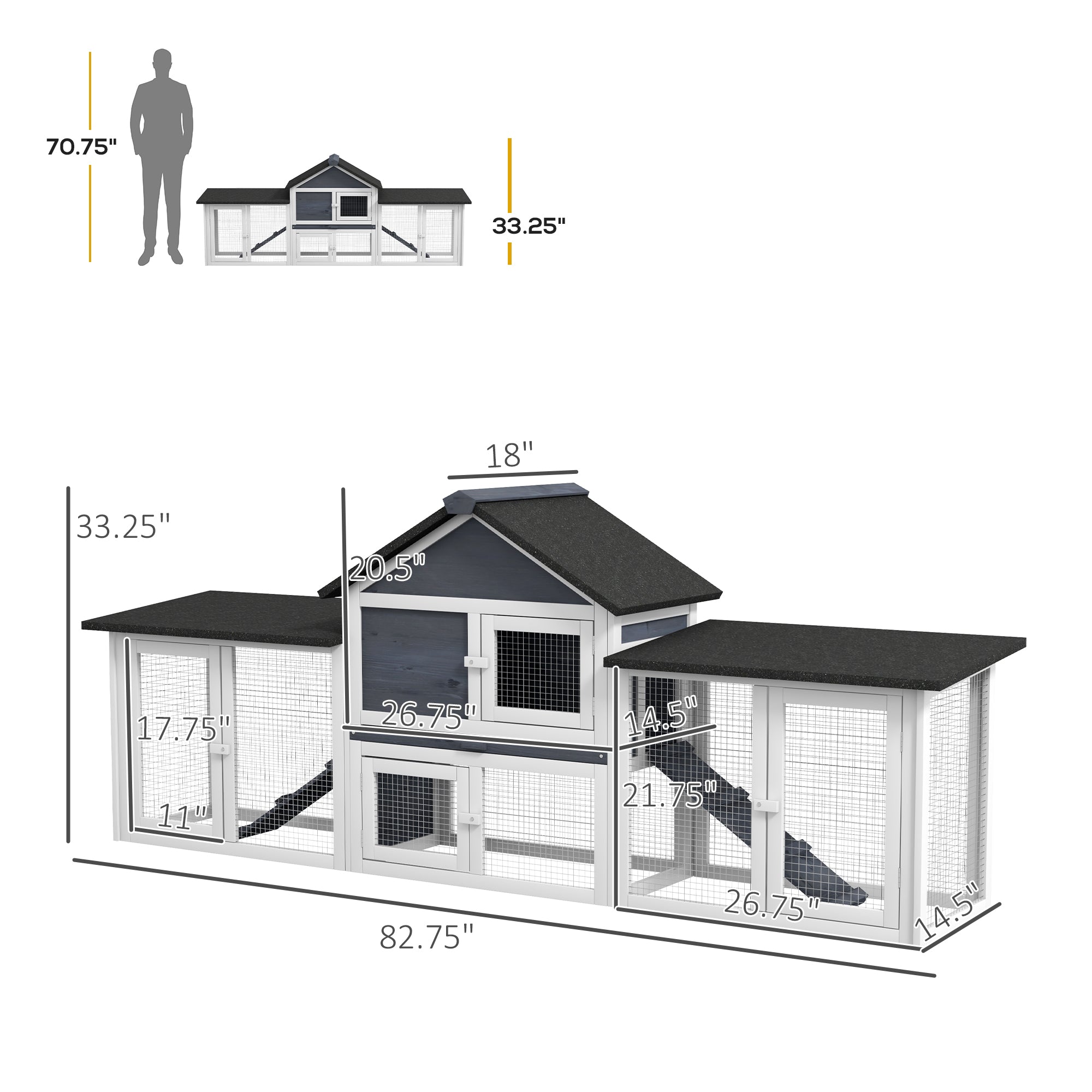 Outdoor Rabbit House 83" 2 Story Deluxe XL Wooden Rabbit Hutch, Big Bunny Cage w/ Ladder and Run, Dark Gray