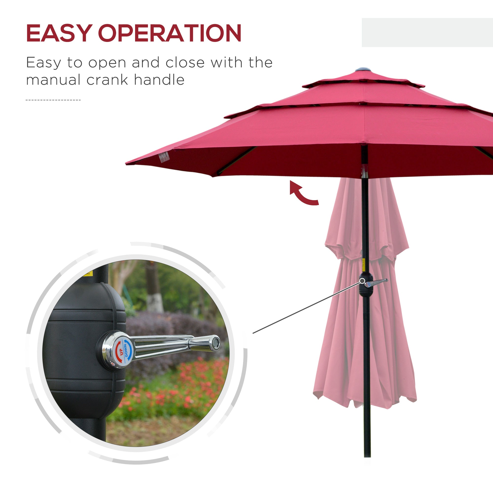 9FT 3 Tiers Patio Umbrella Outdoor Market Umbrella with Crank, Push Button Tilt for Deck, Backyard and Lawn, Wine Red
