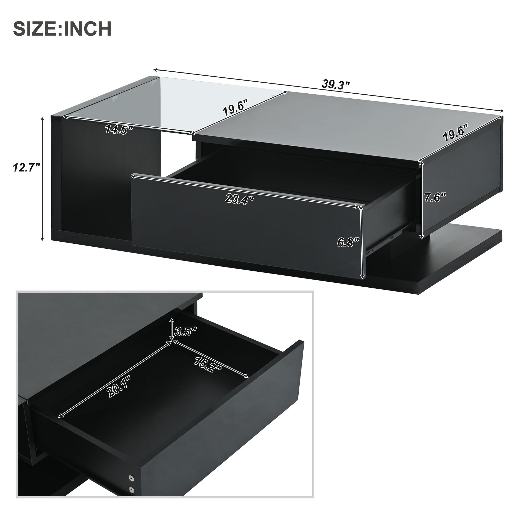 Modern Coffee Table with Tempered Glass, Wooden Cocktail Table with High-Gloss UV Surface, 2-Tier Rectangle Center Table for Living Room, Black