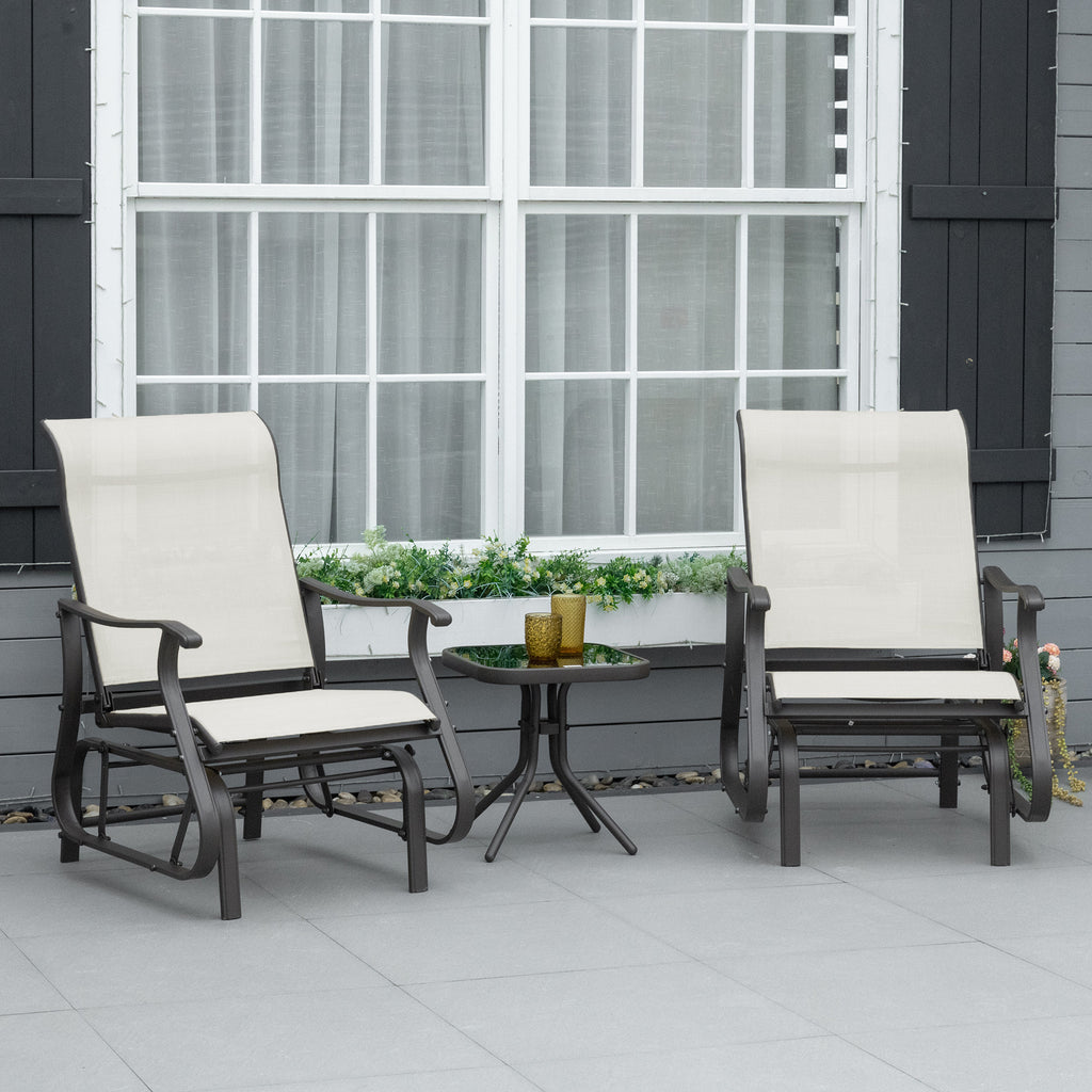 3-Piece Outdoor Gliders Set Bistro Set with Steel Frame, Tempered Glass Top Table for Patio, Garden, Backyard, Lawn, Cream White