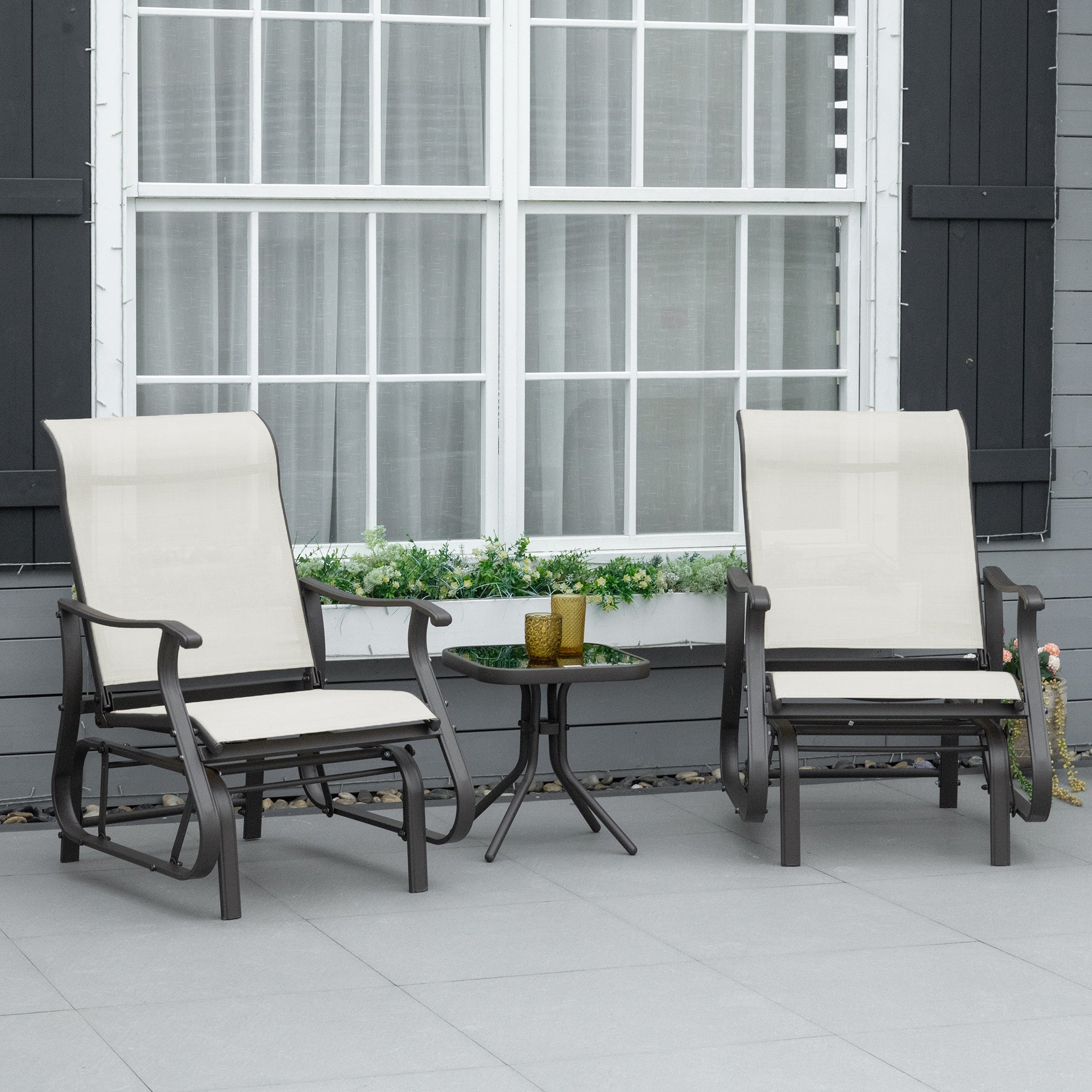 3-Piece Outdoor Gliders Set Bistro Set with Steel Frame, Tempered Glass Top Table for Patio, Garden, Backyard, Lawn, Cream White
