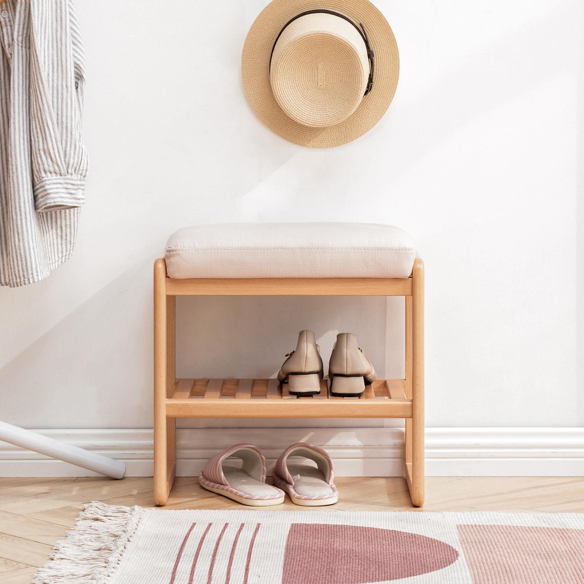 Versatile Shoe Bench with Memory Foam Cushion, Sturdy Shoe Rack with 2-Tier Shoe Storage, 23.5″ L x 12″ W x 16.5″ H, Natural