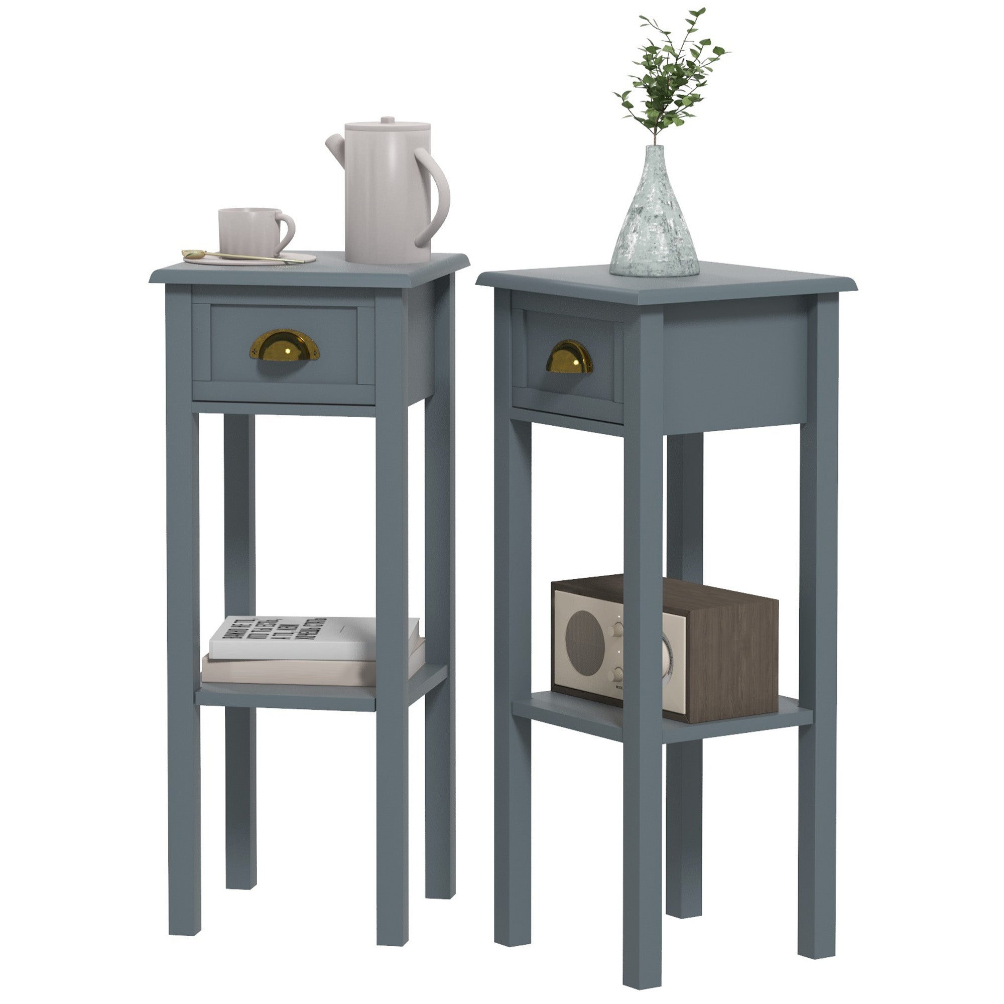 2-Tier Side Tables Set of 2 with Drawer and Shelf, 2 Pieces End Tables for Living Room and Hallway, Gray