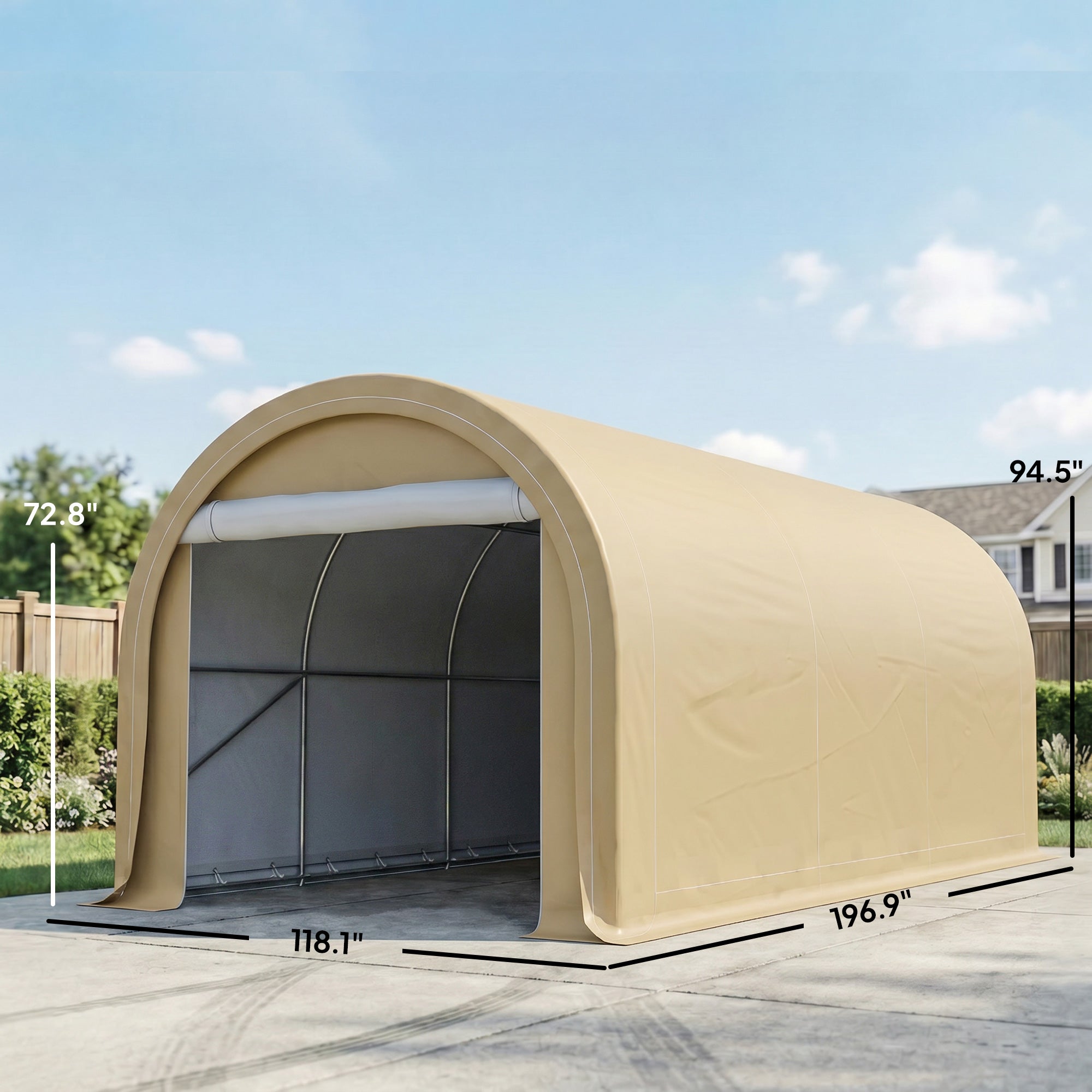 10' x 16' Carport, Heavy Duty Portable Garage Storage Tent with Large Zippered Door, Anti-UV PE Canopy Cover for Car, Truck, Boat, Motorcycle, Bike, Garden Tools, Outdoor Work, Beige