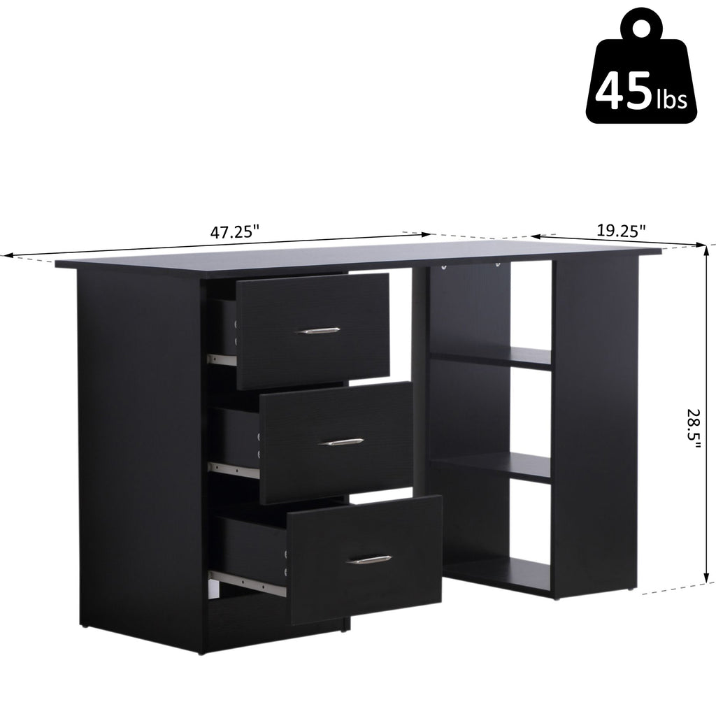 47" Home Office Computer Desk Bookcase Combo, Writing Table Workstation with 3 Drawer and Storage Shelf - Black