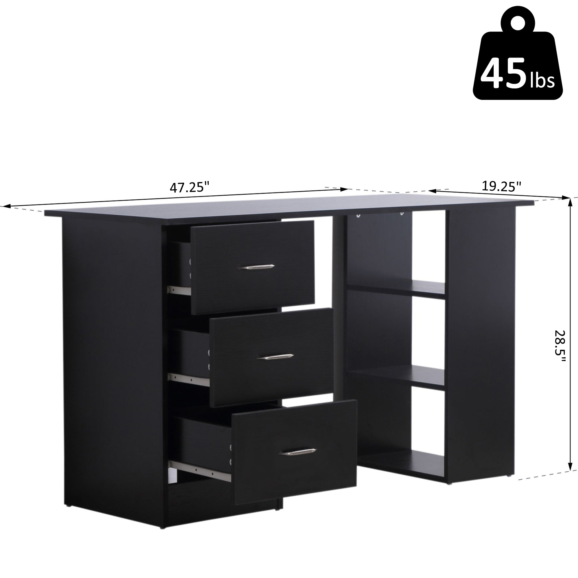 47" Home Office Computer Desk Bookcase Combo, Writing Table Workstation with 3 Drawer and Storage Shelf - Black
