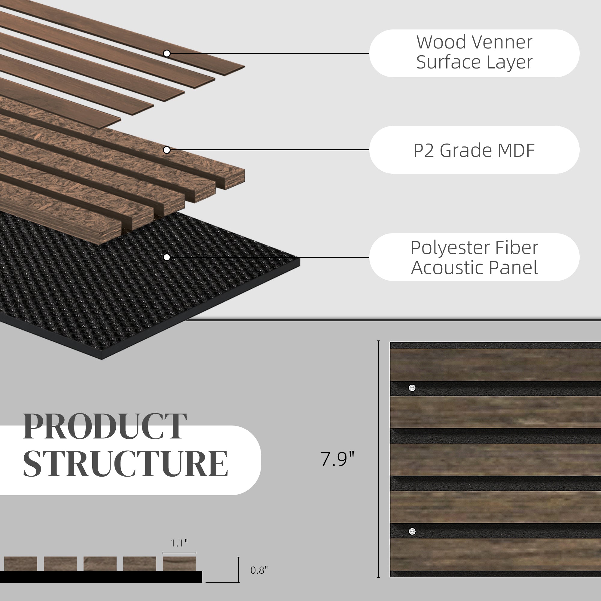 95" x 8" Wood Panels for Wall, 4 Pack Acoustic Panels, Sound Absorbing Slat Wall For Interior Wall Decor, Home, Walnut